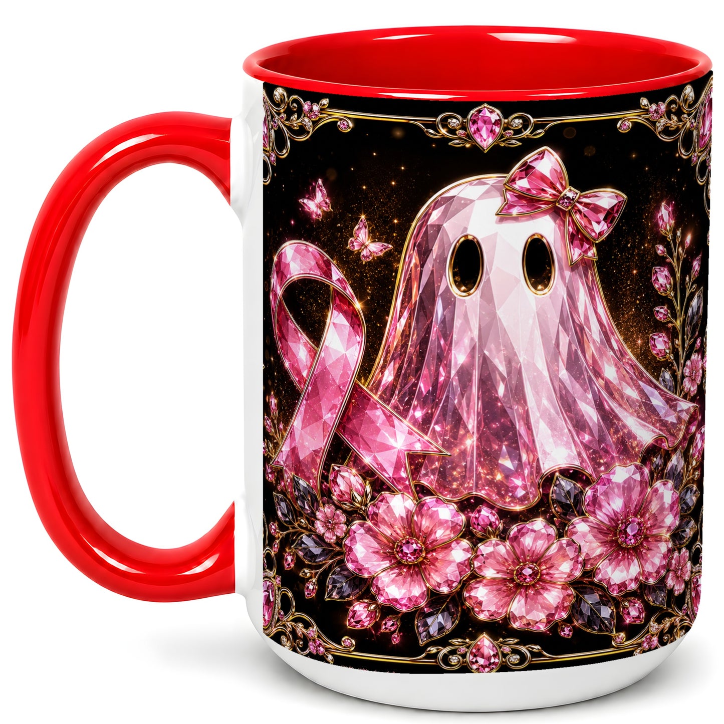 #pl[15oz|Red] Pink Ribbon Ghost Coffee Mug, Floral Awareness Mug, Ceramic Cup