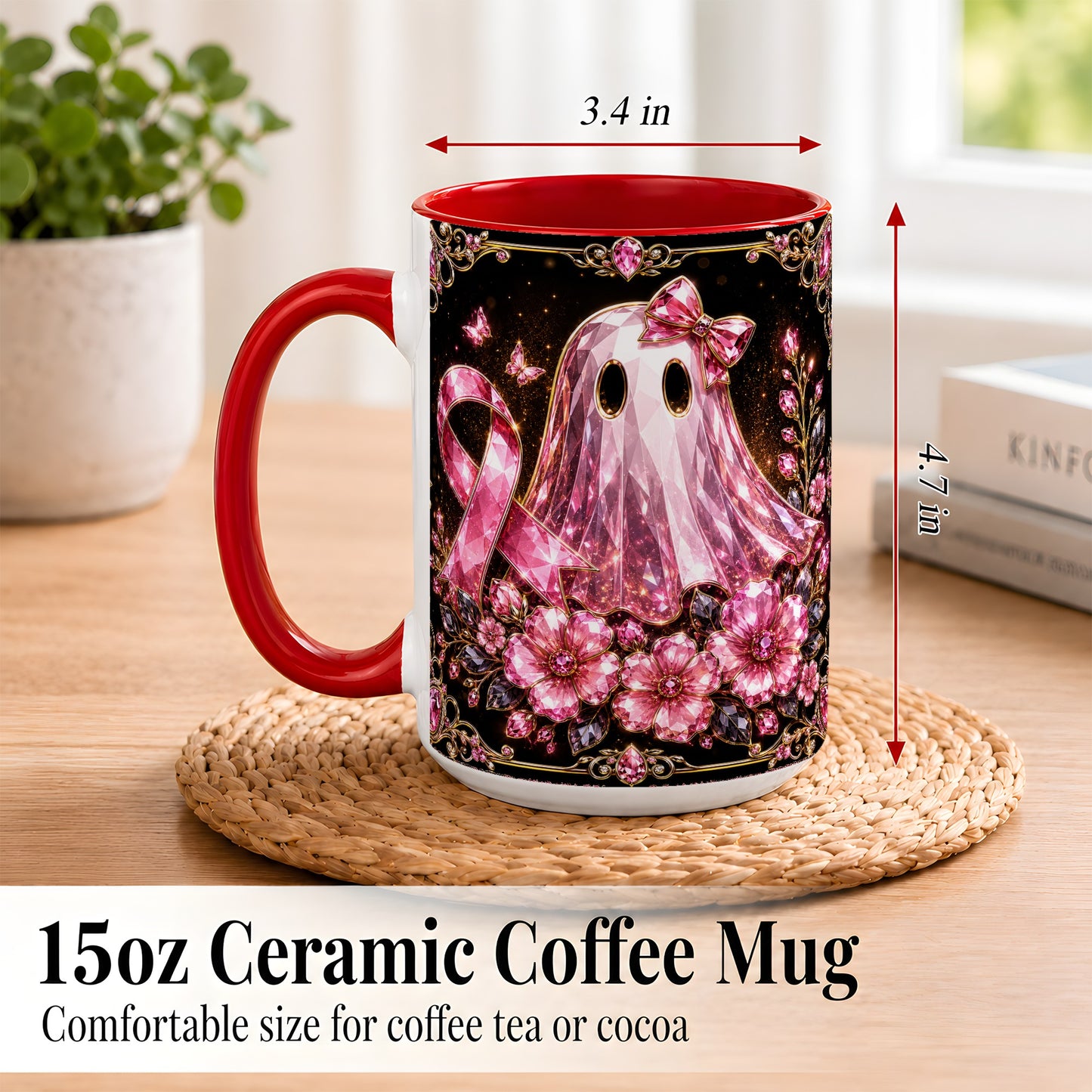 #pl[15oz|Red] Pink Ribbon Ghost Coffee Mug, Floral Awareness Mug, Ceramic Cup