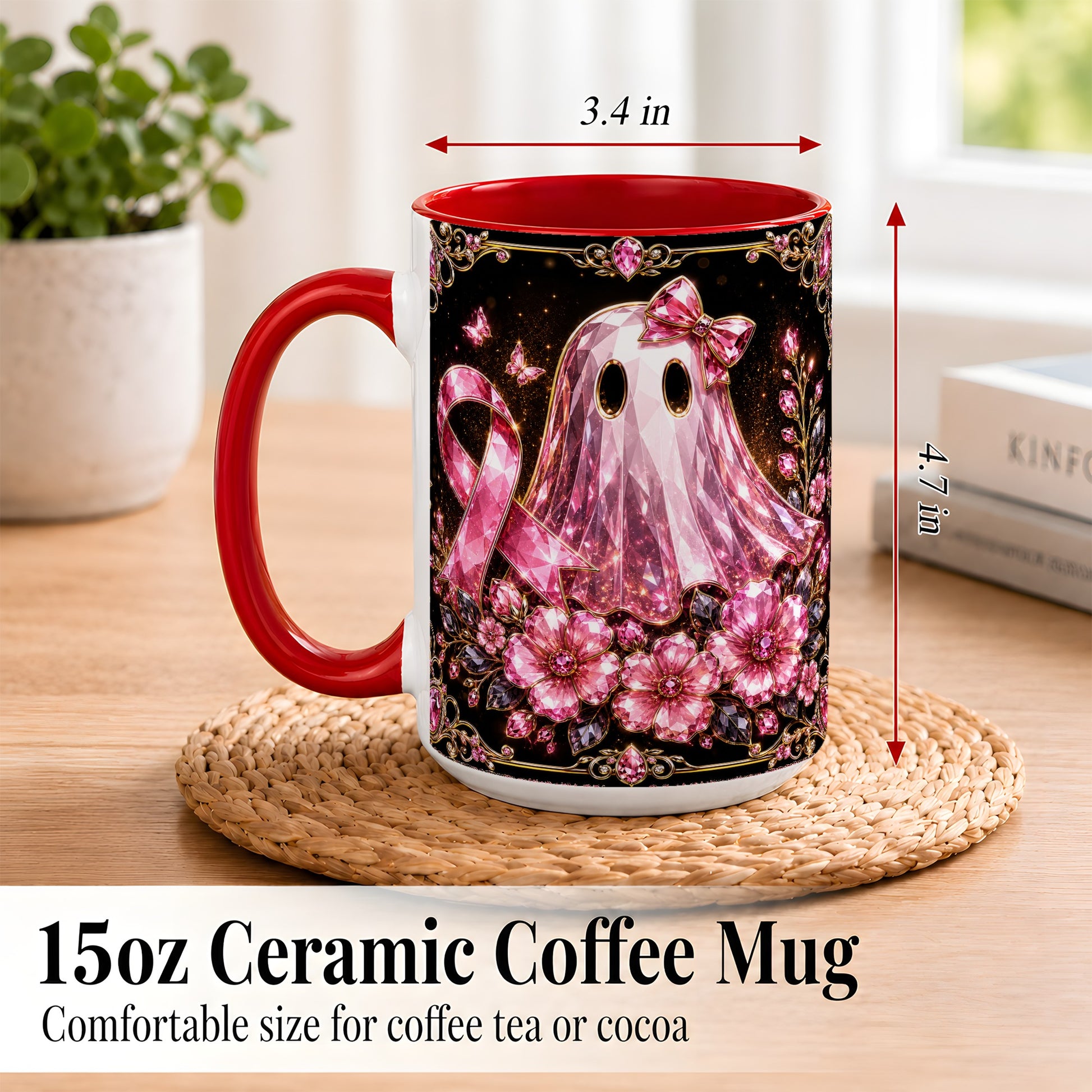 #pl[15oz|Red] Pink Ribbon Ghost Coffee Mug, Floral Awareness Mug, Ceramic Cup