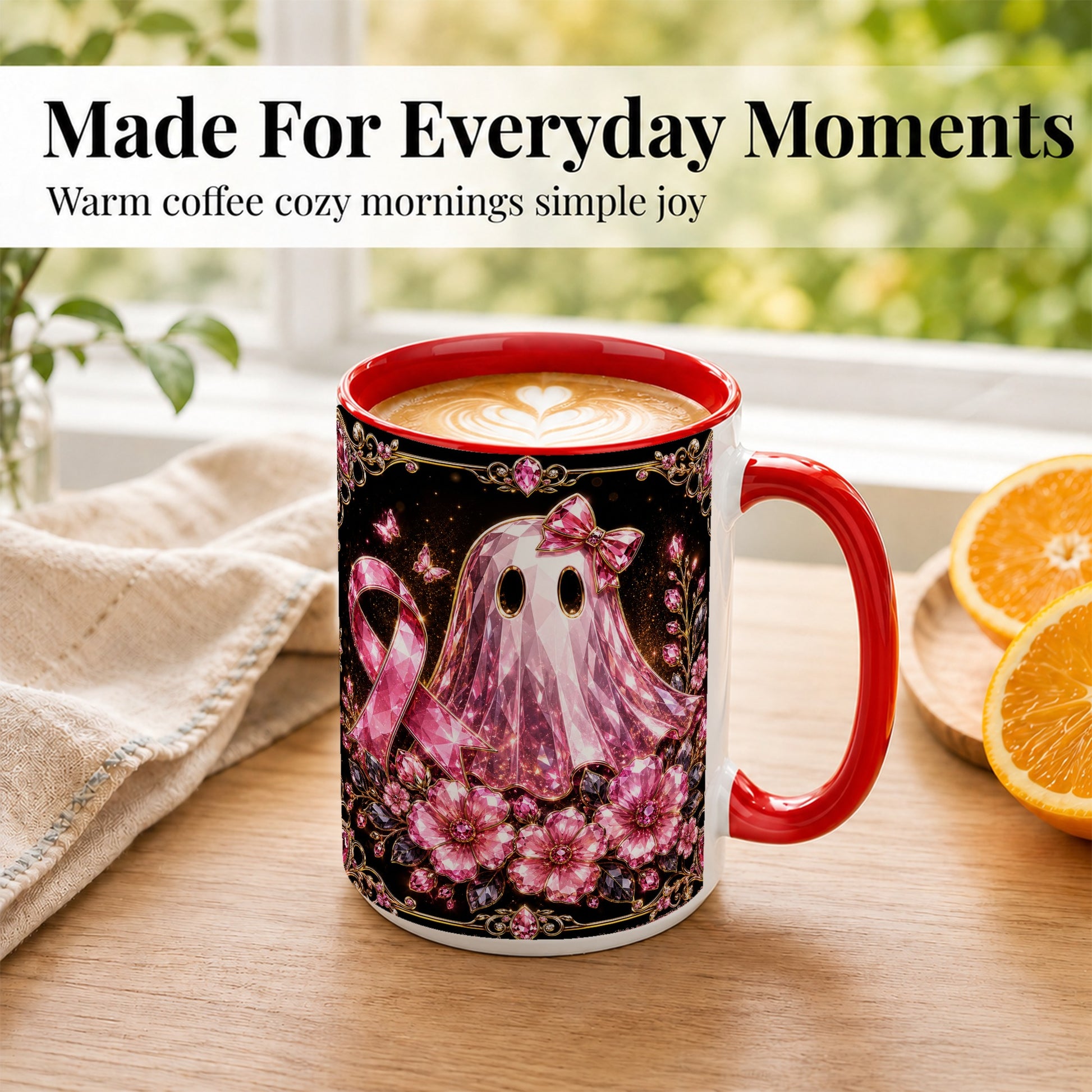 #pl[15oz|Red] Pink Ribbon Ghost Coffee Mug, Floral Awareness Mug, Ceramic Cup