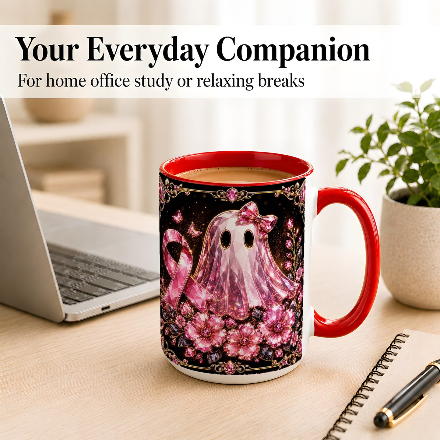 #pl[15oz|Red] Pink Ribbon Ghost Coffee Mug, Floral Awareness Mug, Ceramic Cup