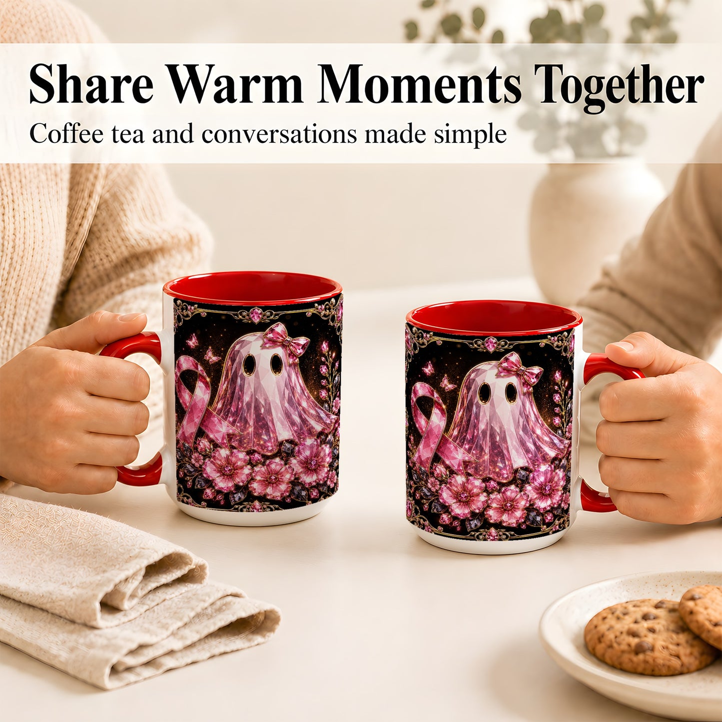 #pl[15oz|Red] Pink Ribbon Ghost Coffee Mug, Floral Awareness Mug, Ceramic Cup