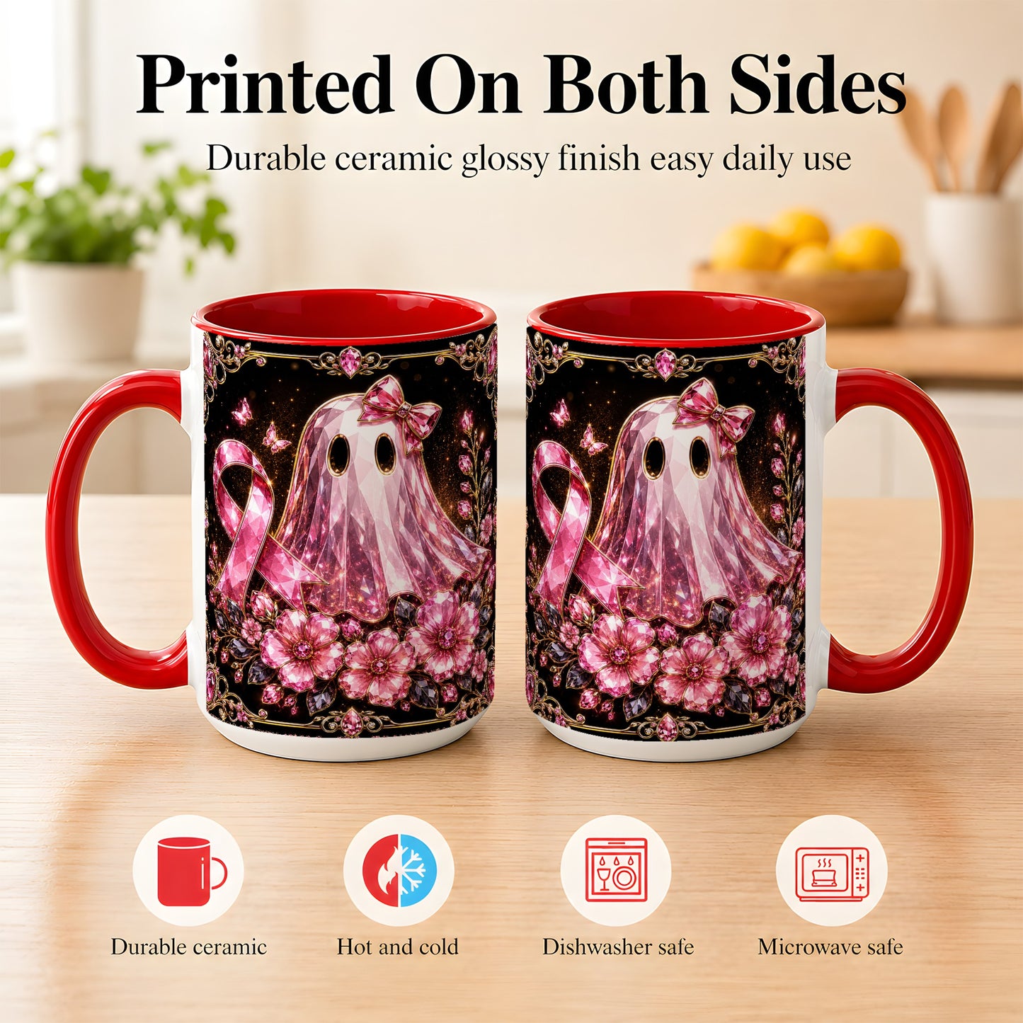 #pl[15oz|Red] Pink Ribbon Ghost Coffee Mug, Floral Awareness Mug, Ceramic Cup