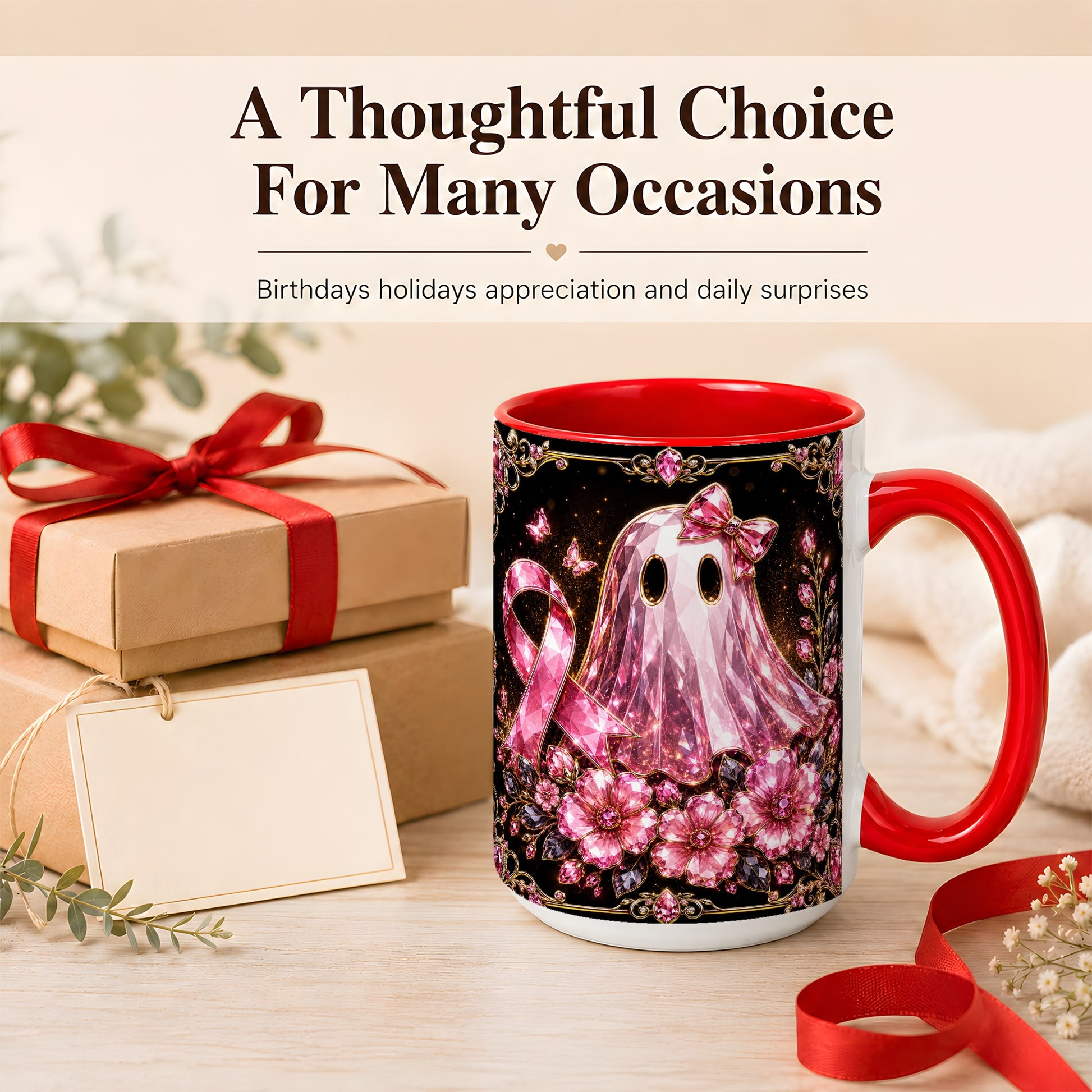 #pl[15oz|Red] Pink Ribbon Ghost Coffee Mug, Floral Awareness Mug, Ceramic Cup