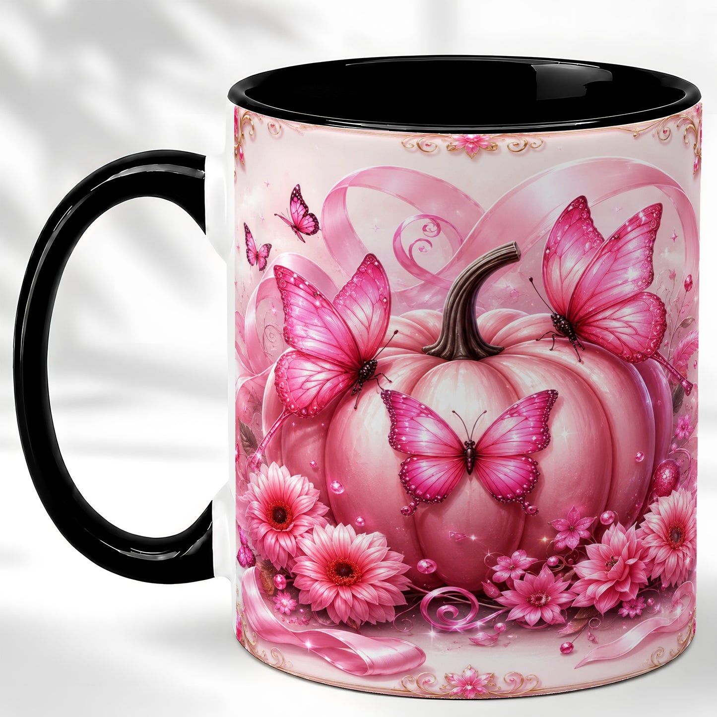 #pl[11oz|Black] Pink Ribbon Pumpkin Coffee Mug, Butterfly Floral Mug, Ceramic Cup