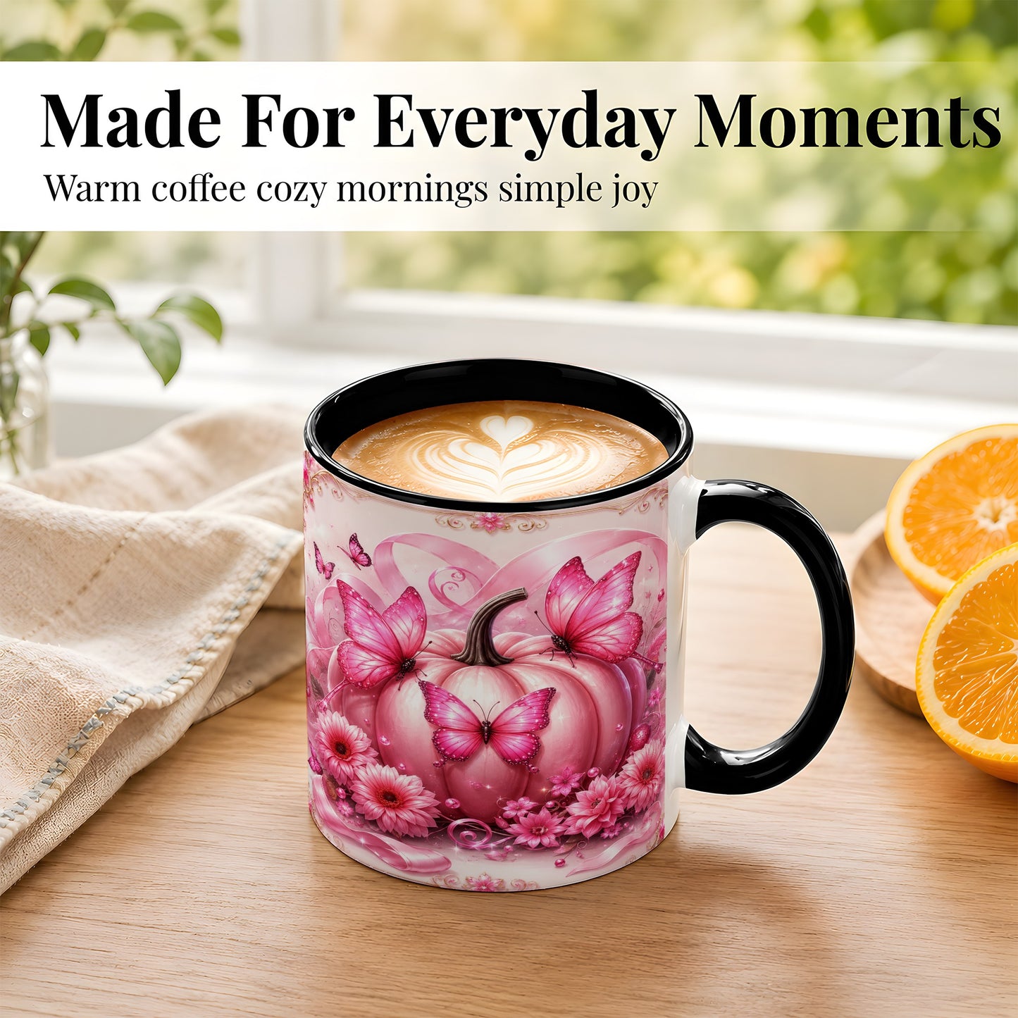 #pl[11oz|Black] Pink Ribbon Pumpkin Coffee Mug, Butterfly Floral Mug, Ceramic Cup