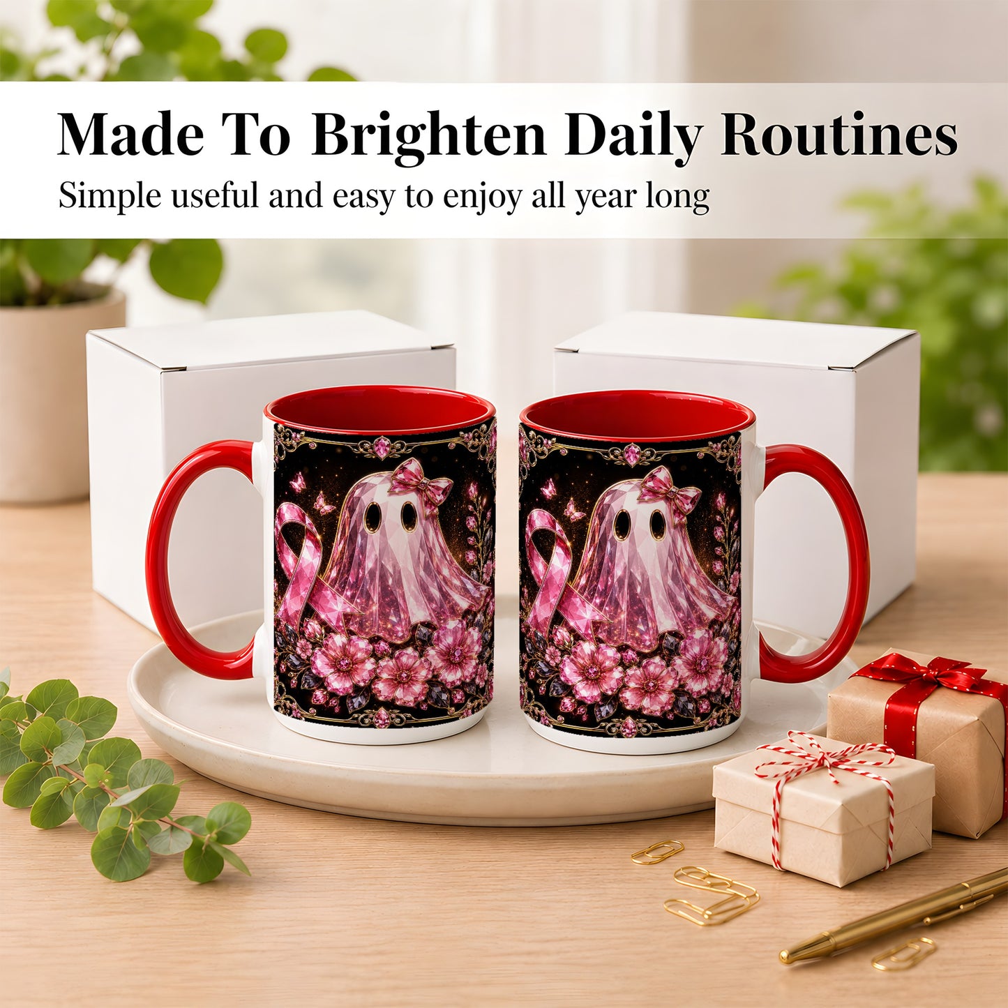 #pl[15oz|Red] Pink Ribbon Ghost Coffee Mug, Floral Awareness Mug, Ceramic Cup
