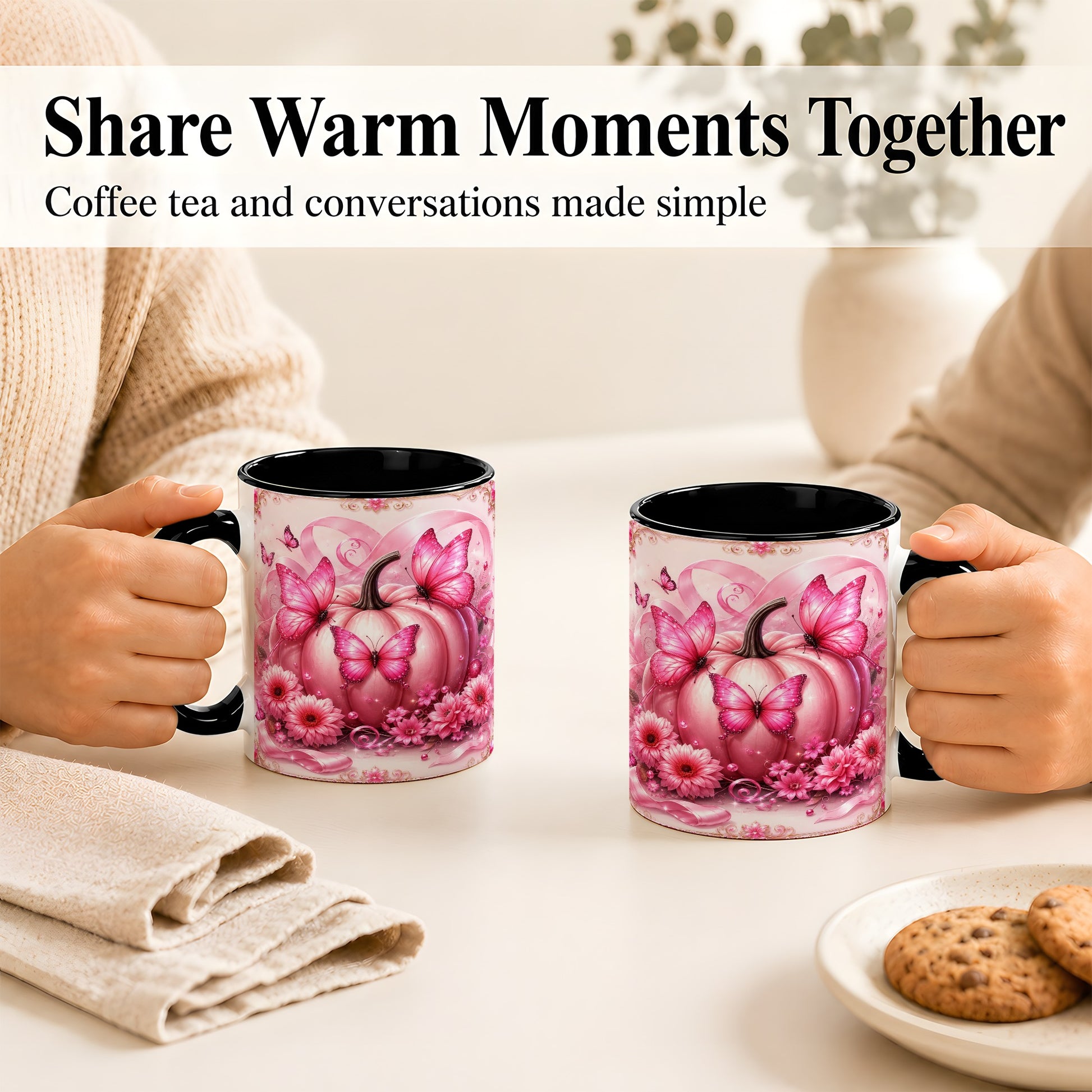 #pl[11oz|Black] Pink Ribbon Pumpkin Coffee Mug, Butterfly Floral Mug, Ceramic Cup
