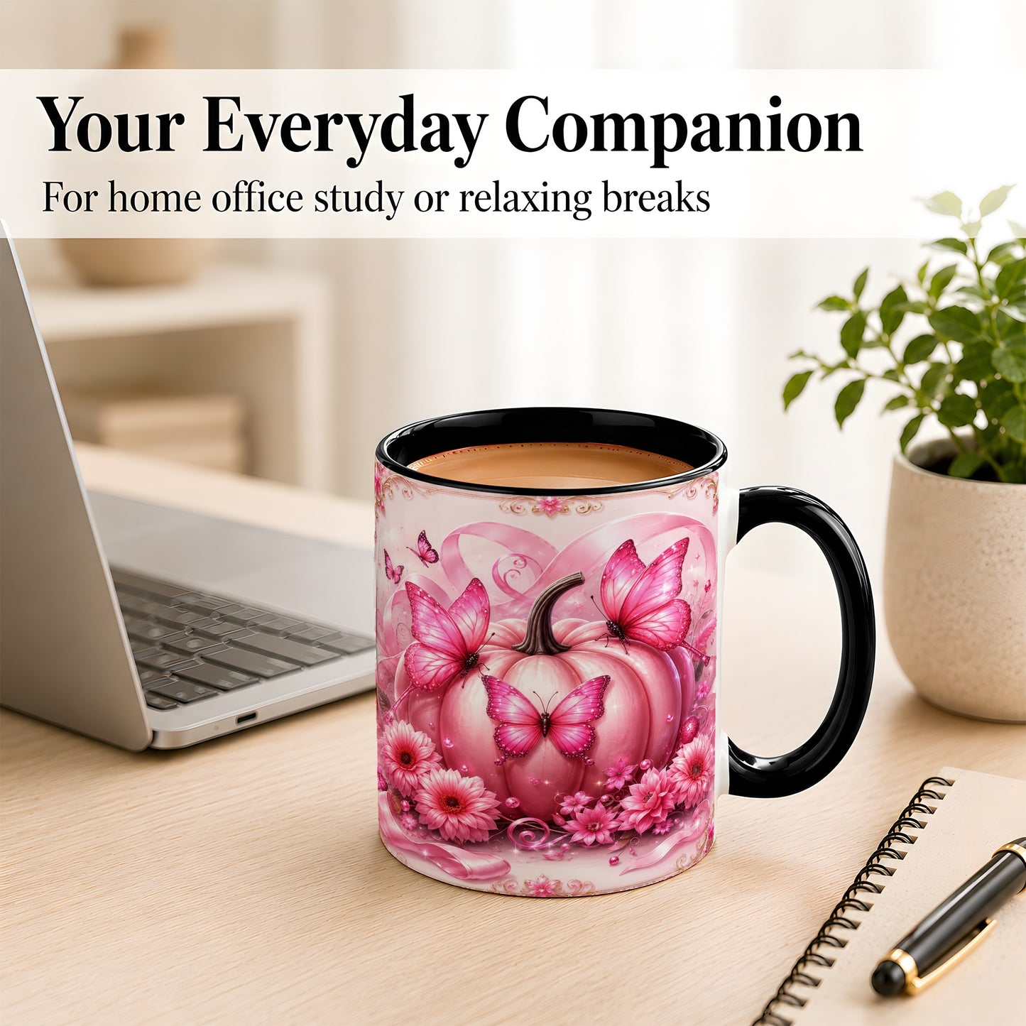 #pl[11oz|Black] Pink Ribbon Pumpkin Coffee Mug, Butterfly Floral Mug, Ceramic Cup