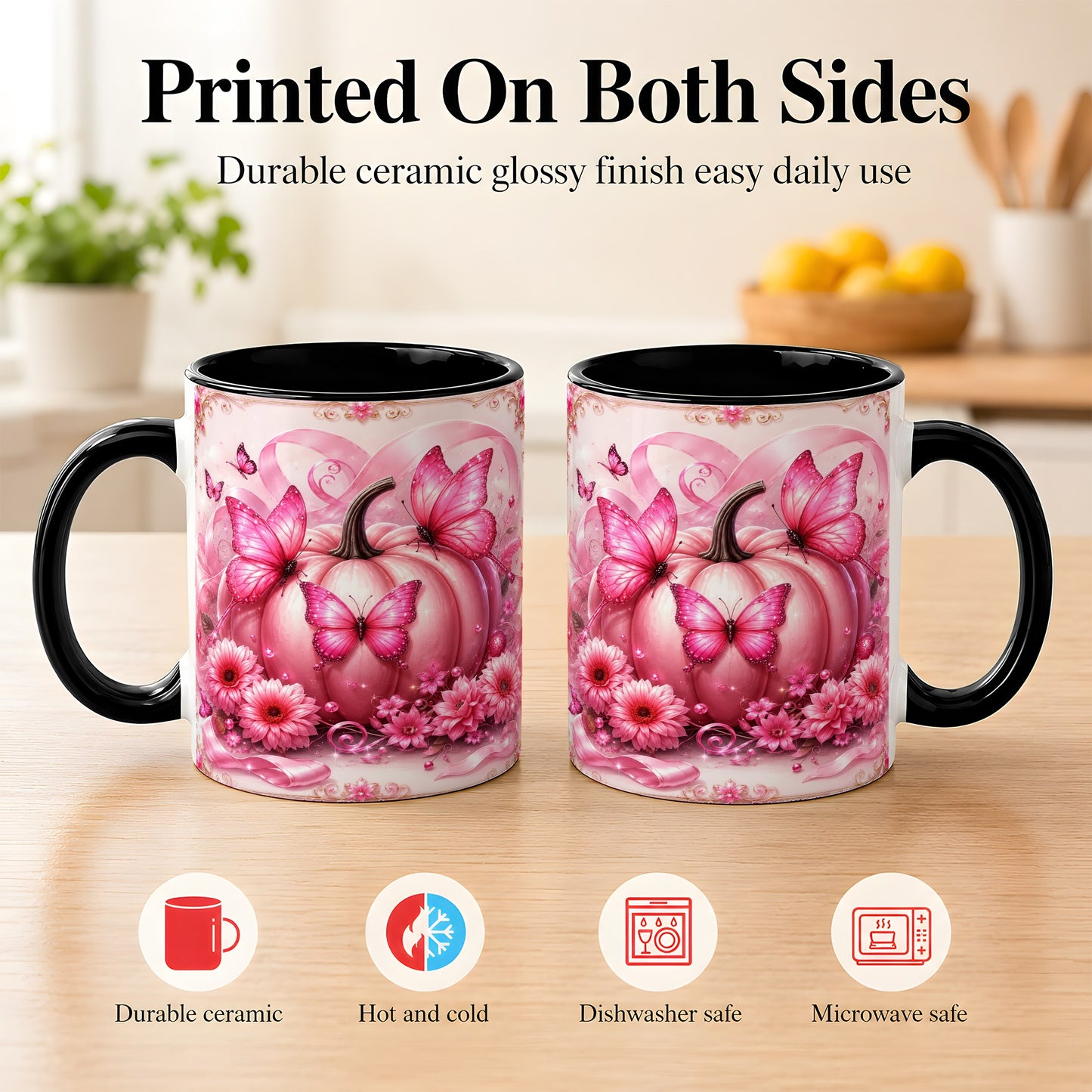 #pl[11oz|Black] Pink Ribbon Pumpkin Coffee Mug, Butterfly Floral Mug, Ceramic Cup