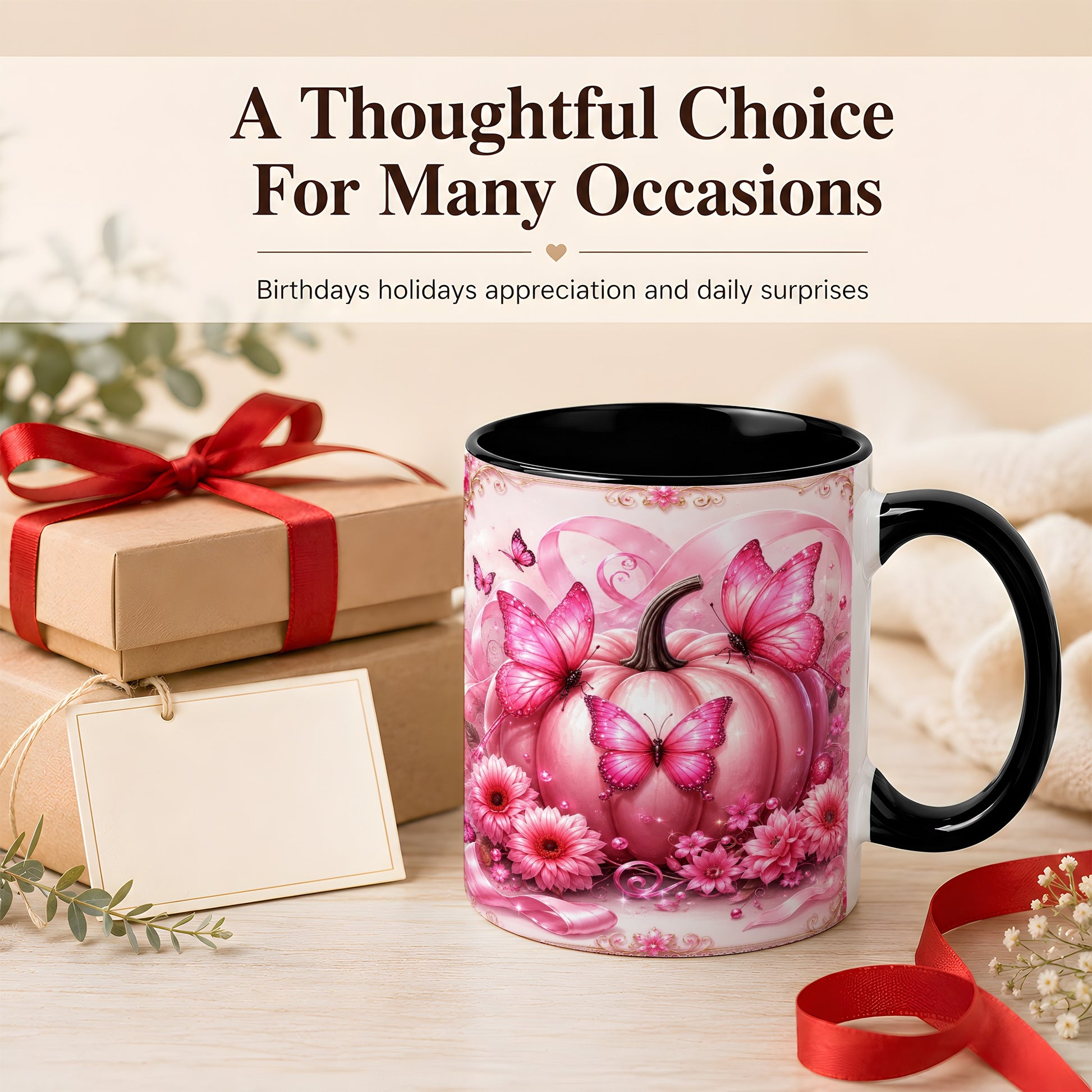 #pl[11oz|Black] Pink Ribbon Pumpkin Coffee Mug, Butterfly Floral Mug, Ceramic Cup