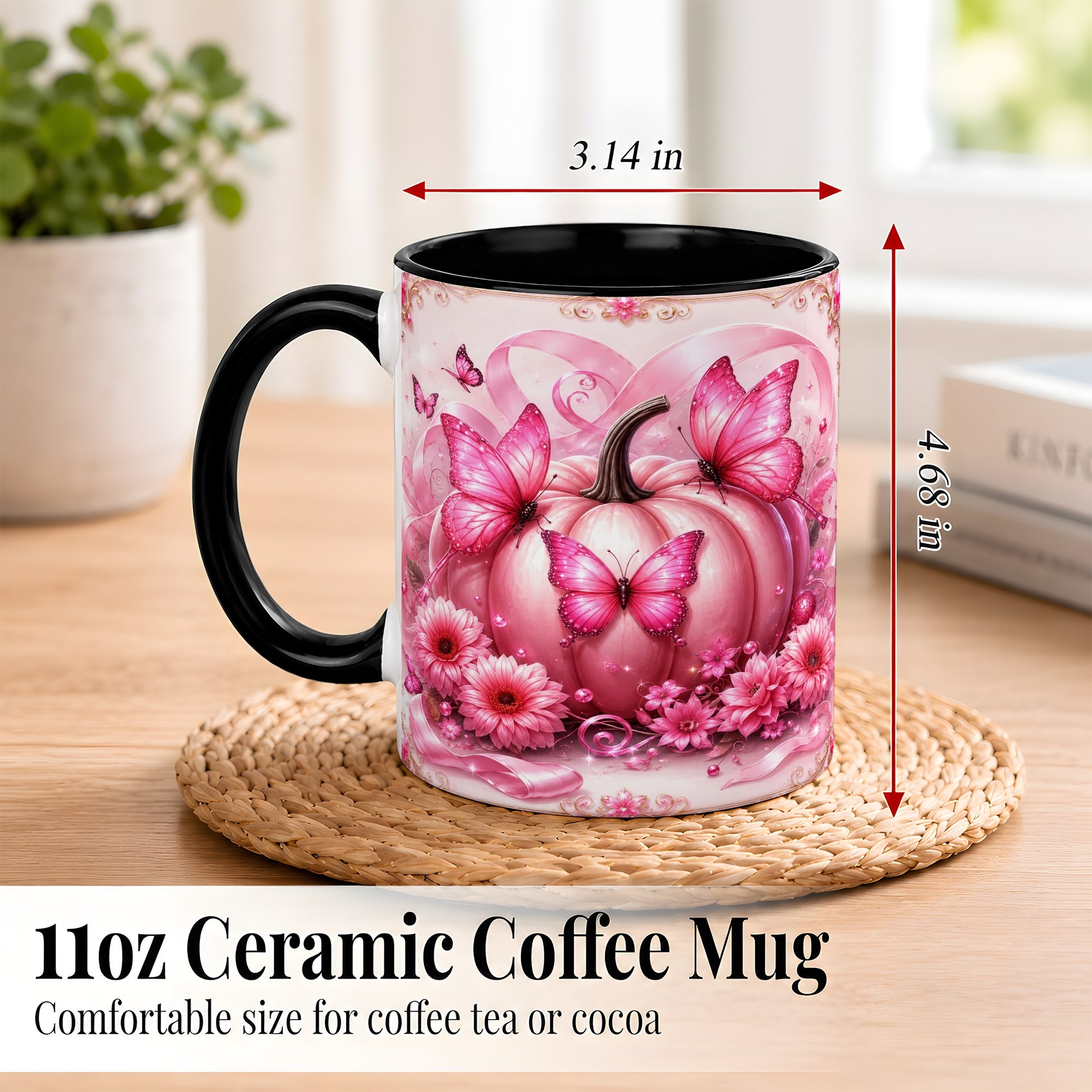 #pl[11oz|Black] Pink Ribbon Pumpkin Coffee Mug, Butterfly Floral Mug, Ceramic Cup