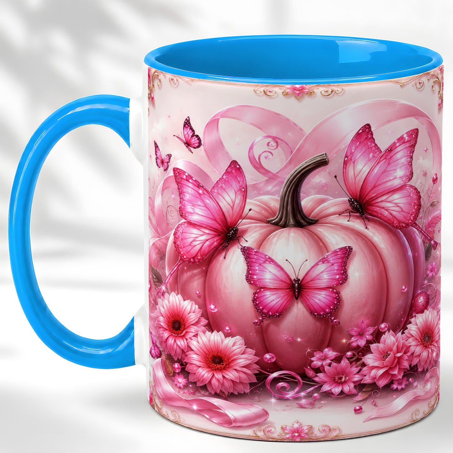 #pl[11oz|Blue] Pink Ribbon Pumpkin Coffee Mug, Butterfly Floral Mug, Ceramic Cup