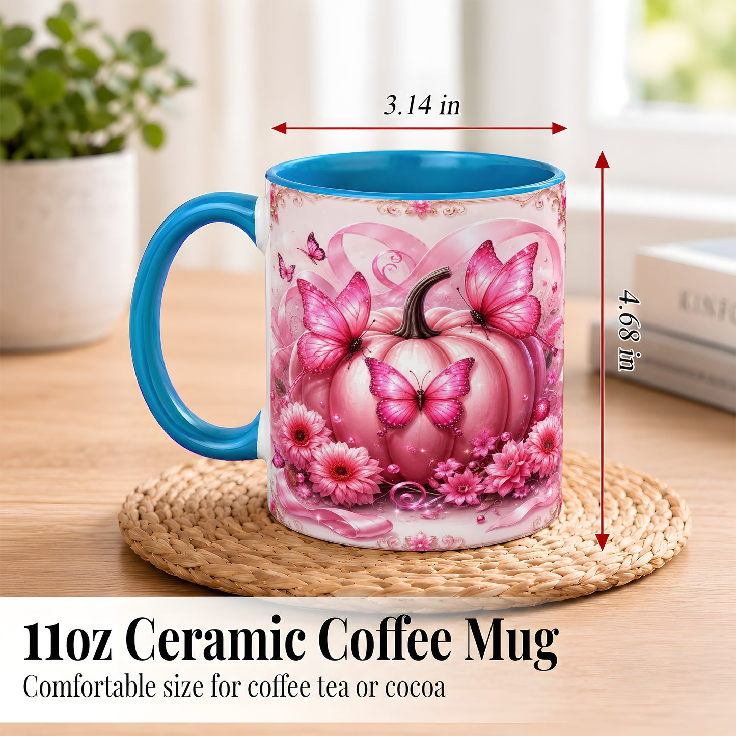 #pl[11oz|Blue] Pink Ribbon Pumpkin Coffee Mug, Butterfly Floral Mug, Ceramic Cup