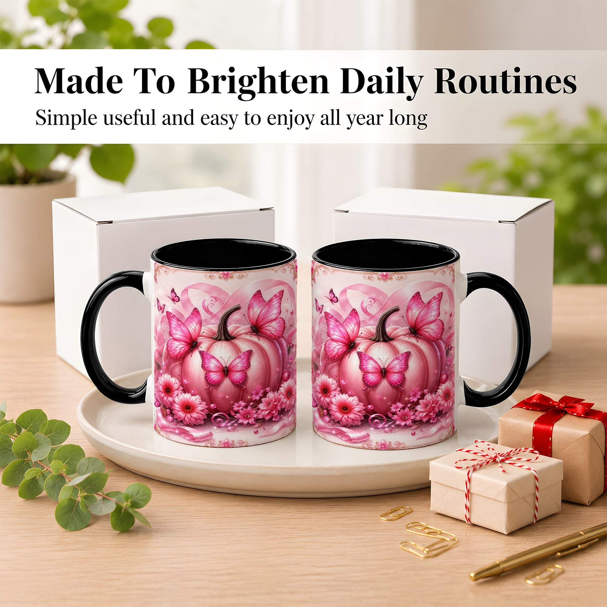 #pl[11oz|Black] Pink Ribbon Pumpkin Coffee Mug, Butterfly Floral Mug, Ceramic Cup