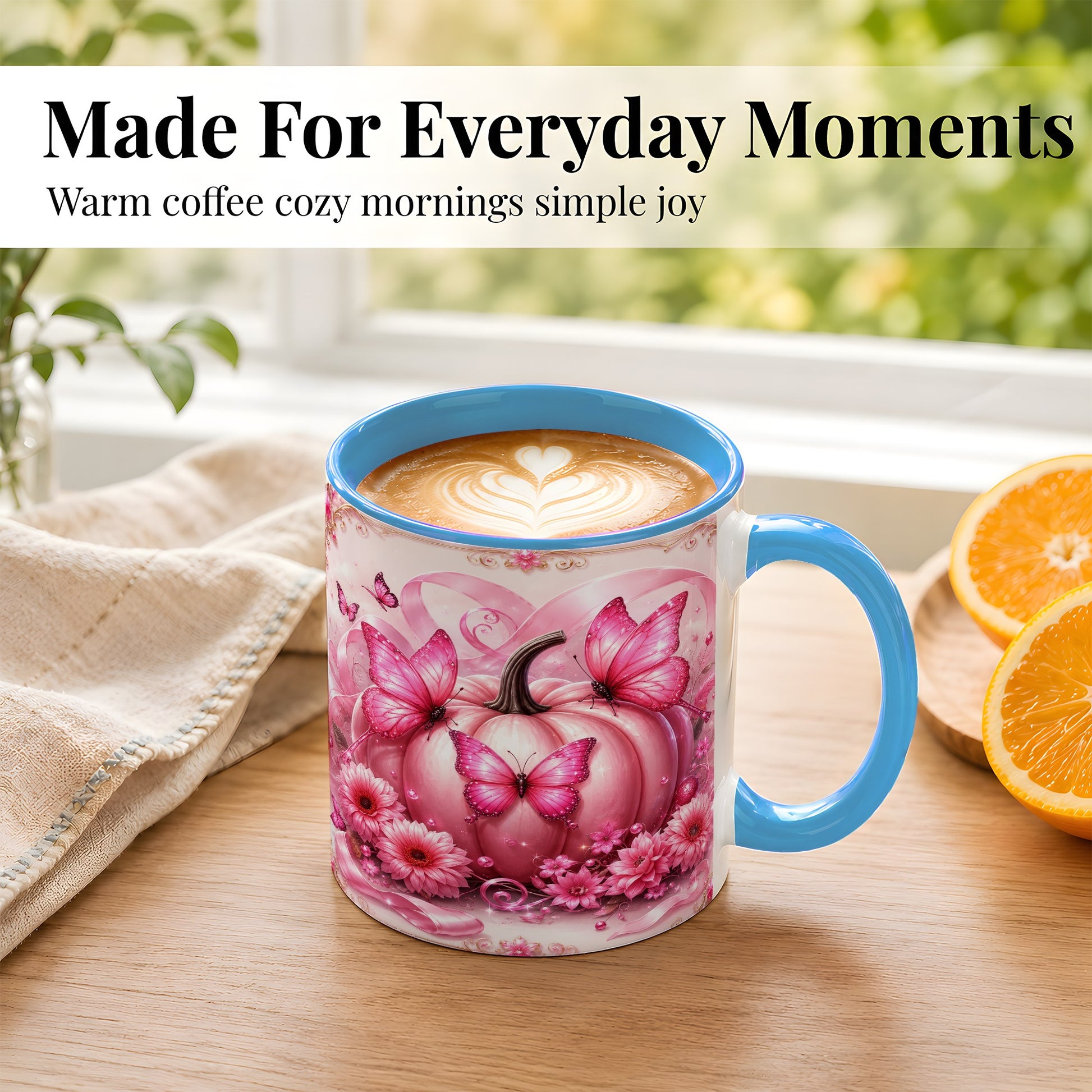 #pl[11oz|Blue] Pink Ribbon Pumpkin Coffee Mug, Butterfly Floral Mug, Ceramic Cup