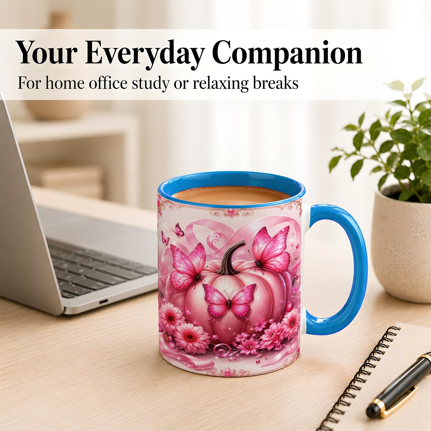 #pl[11oz|Blue] Pink Ribbon Pumpkin Coffee Mug, Butterfly Floral Mug, Ceramic Cup