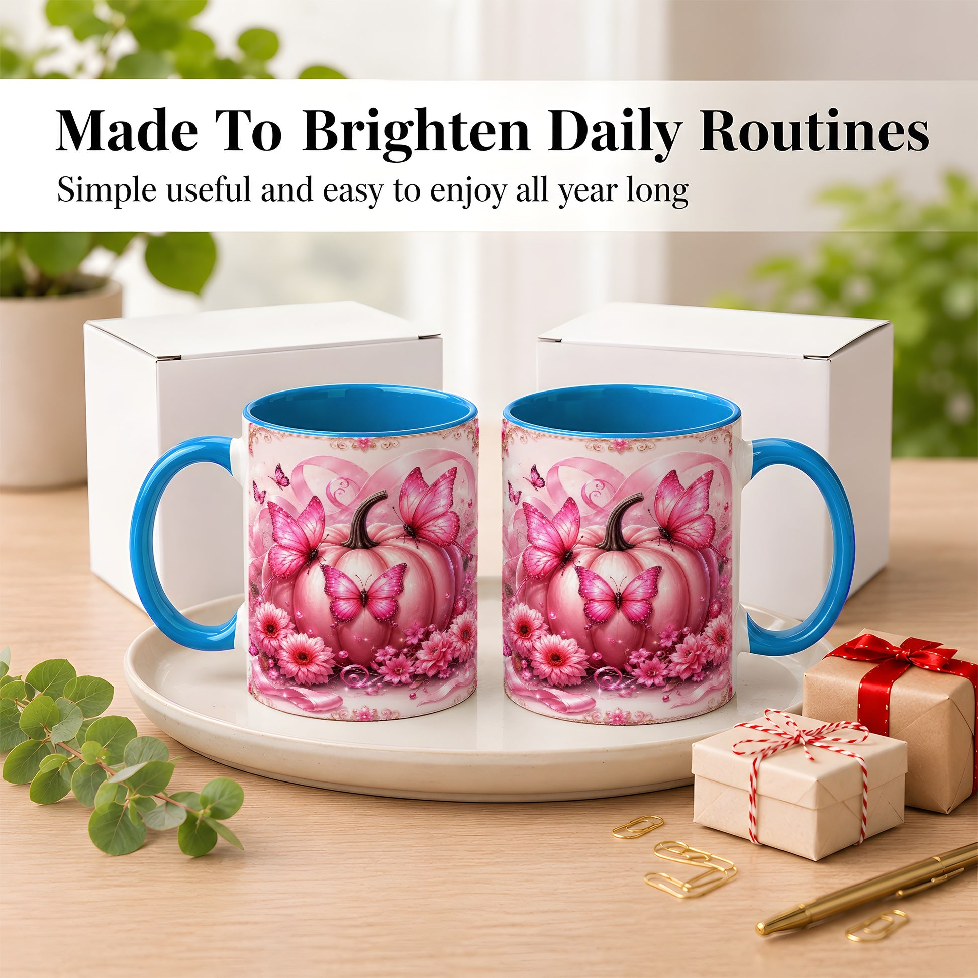 #pl[11oz|Blue] Pink Ribbon Pumpkin Coffee Mug, Butterfly Floral Mug, Ceramic Cup