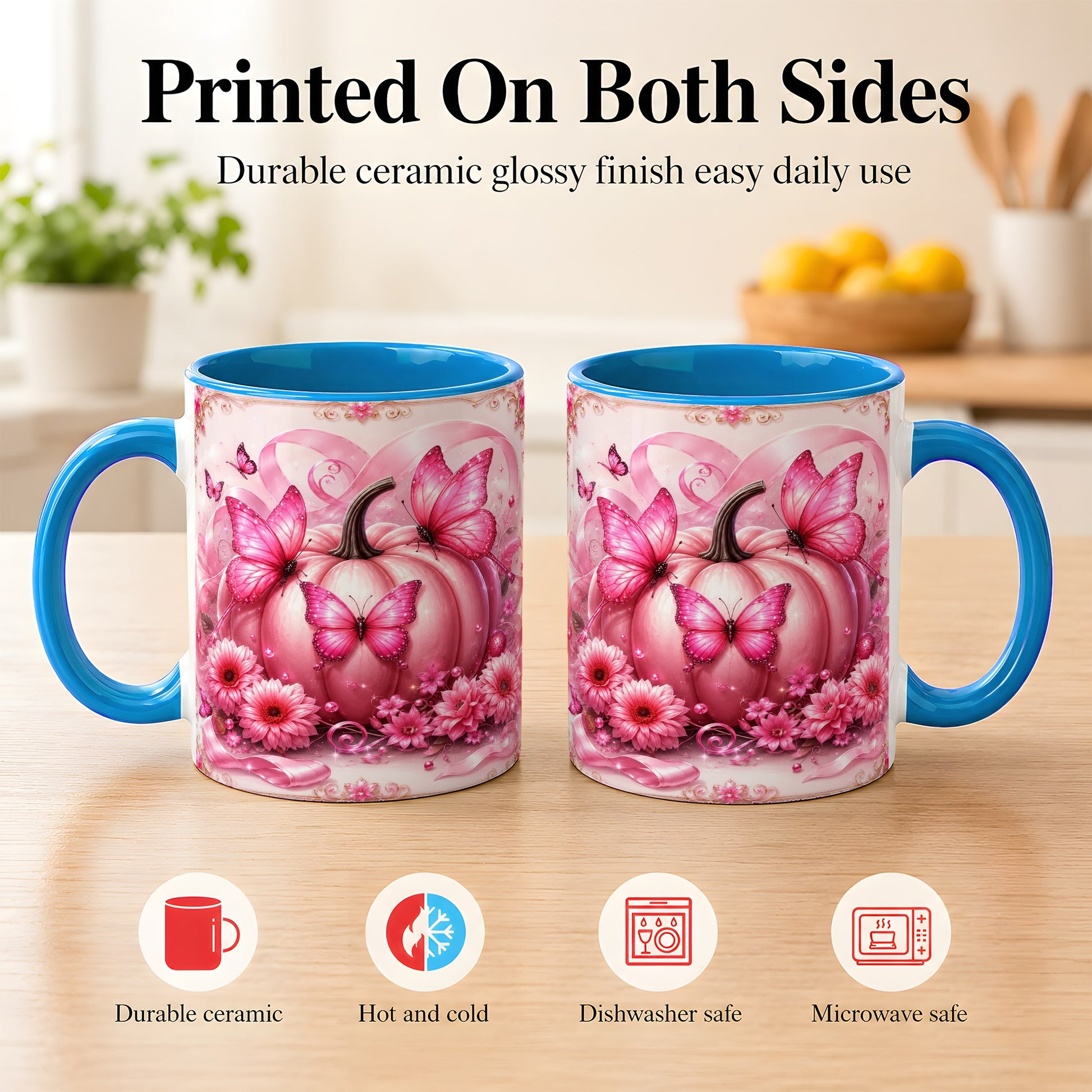 #pl[11oz|Blue] Pink Ribbon Pumpkin Coffee Mug, Butterfly Floral Mug, Ceramic Cup