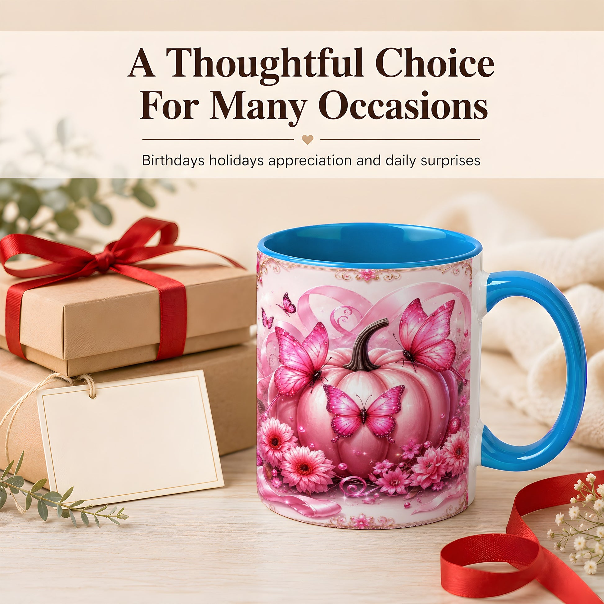 #pl[11oz|Blue] Pink Ribbon Pumpkin Coffee Mug, Butterfly Floral Mug, Ceramic Cup
