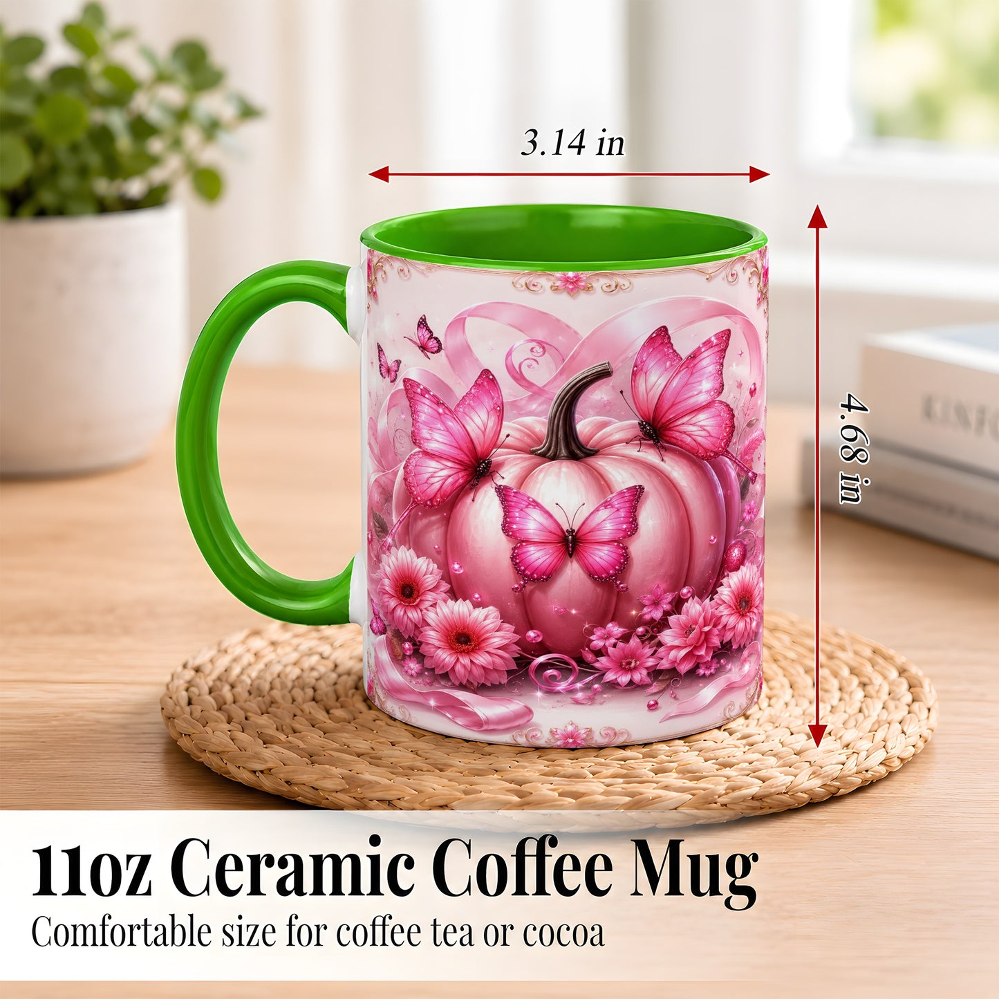 #pl[11oz|Green] Pink Ribbon Pumpkin Coffee Mug, Butterfly Floral Mug, Ceramic Cup
