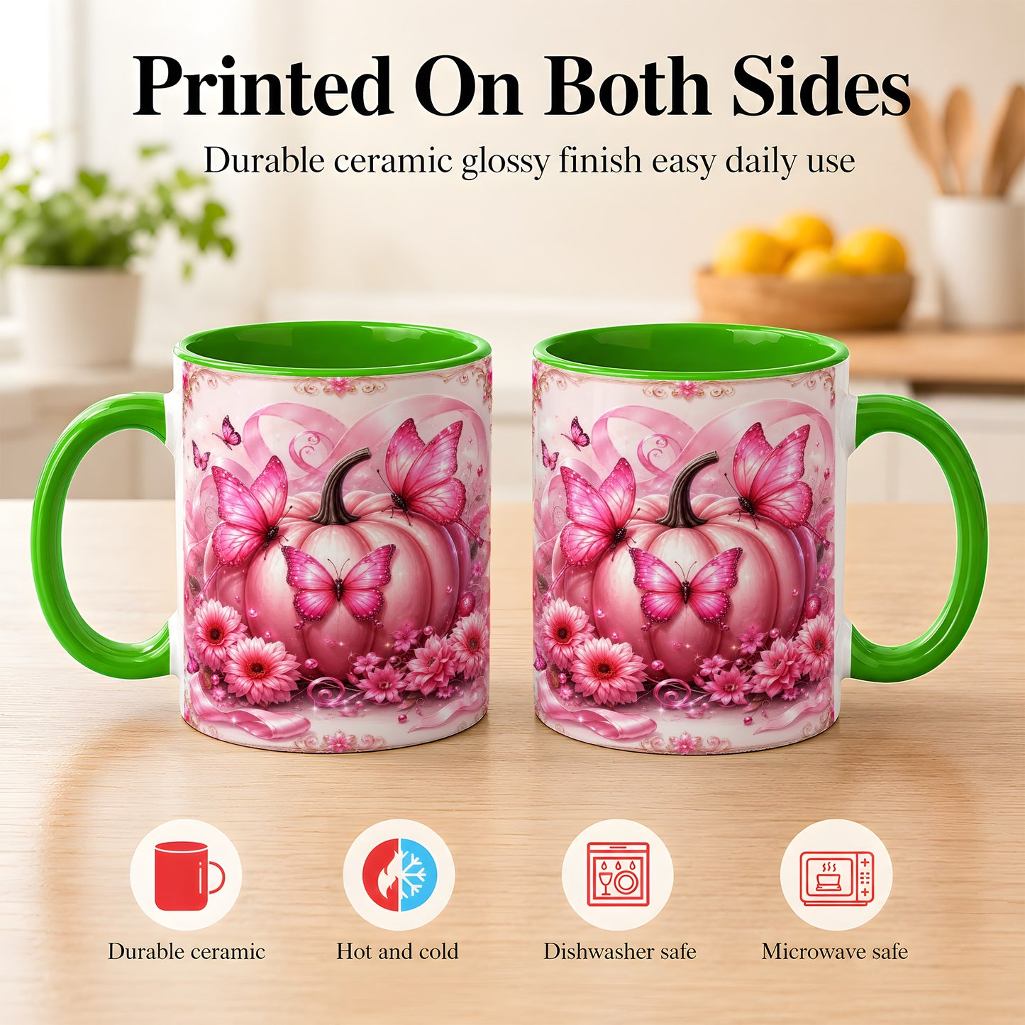 #pl[11oz|Green] Pink Ribbon Pumpkin Coffee Mug, Butterfly Floral Mug, Ceramic Cup