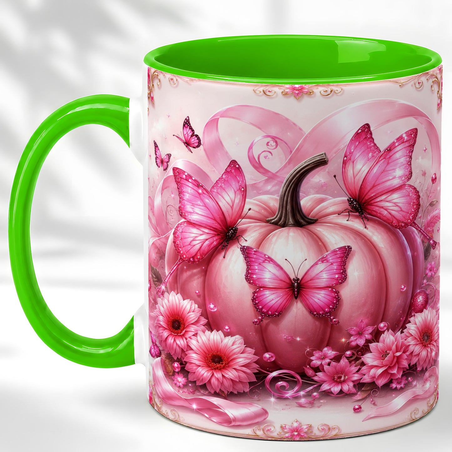 #pl[11oz|Green] Pink Ribbon Pumpkin Coffee Mug, Butterfly Floral Mug, Ceramic Cup
