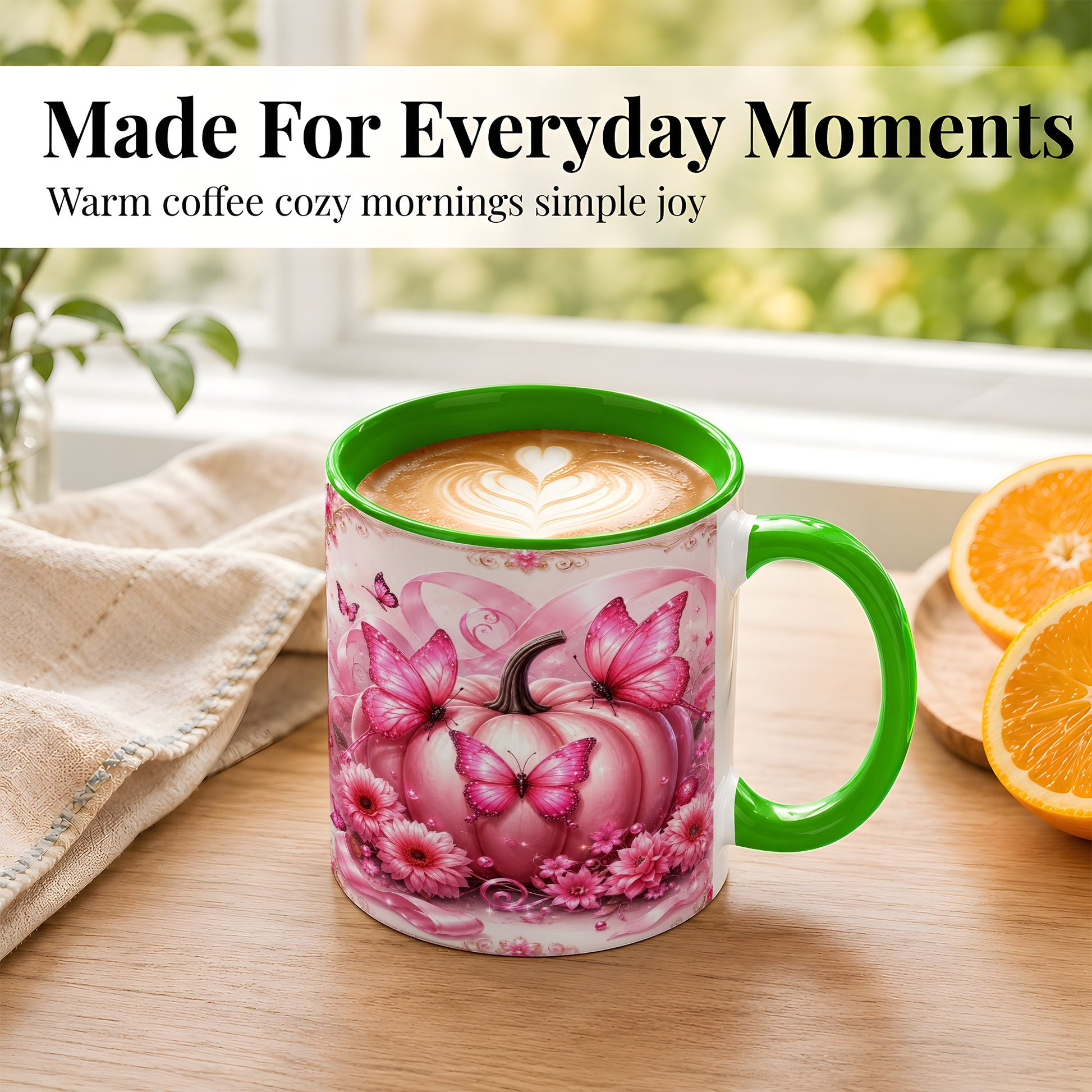#pl[11oz|Green] Pink Ribbon Pumpkin Coffee Mug, Butterfly Floral Mug, Ceramic Cup