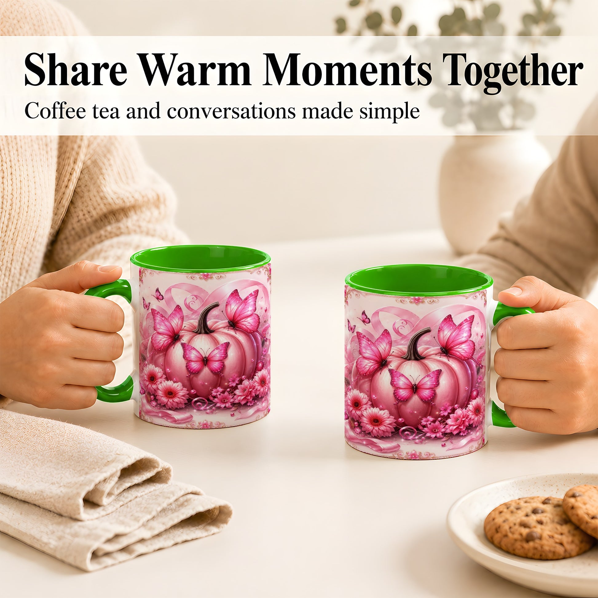#pl[11oz|Green] Pink Ribbon Pumpkin Coffee Mug, Butterfly Floral Mug, Ceramic Cup