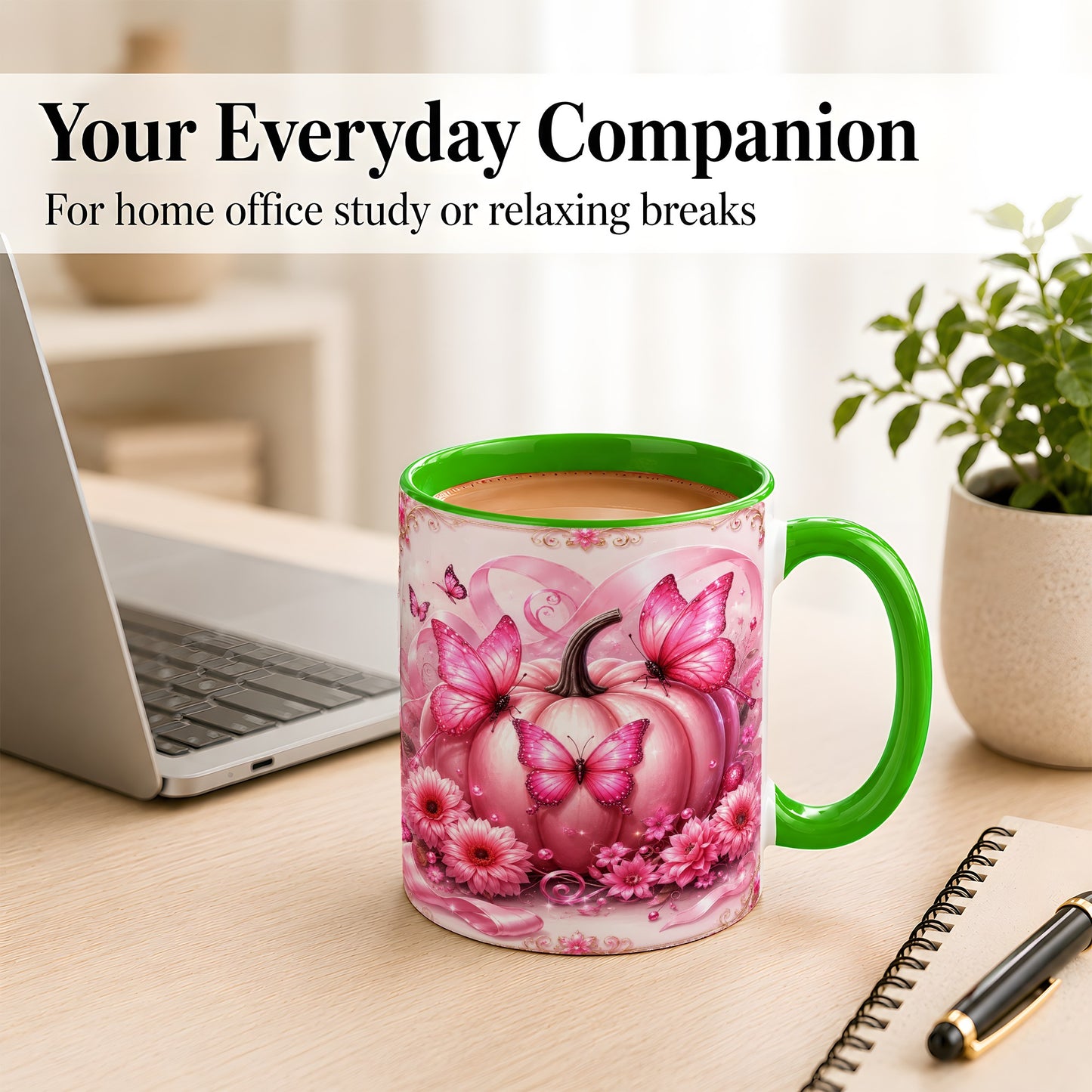 #pl[11oz|Green] Pink Ribbon Pumpkin Coffee Mug, Butterfly Floral Mug, Ceramic Cup