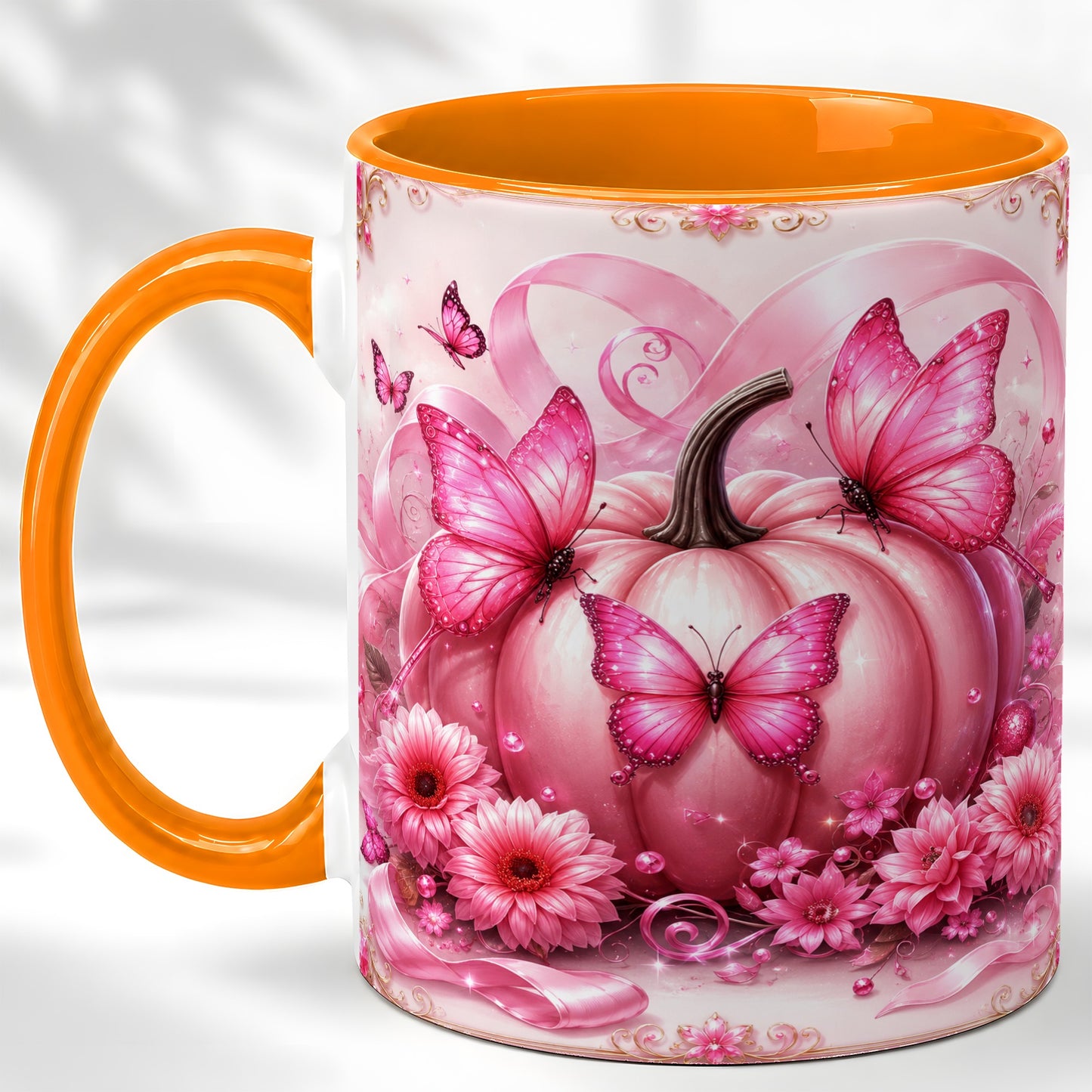#pl[11oz|Orange] Pink Ribbon Pumpkin Coffee Mug, Butterfly Floral Mug, Ceramic Cup