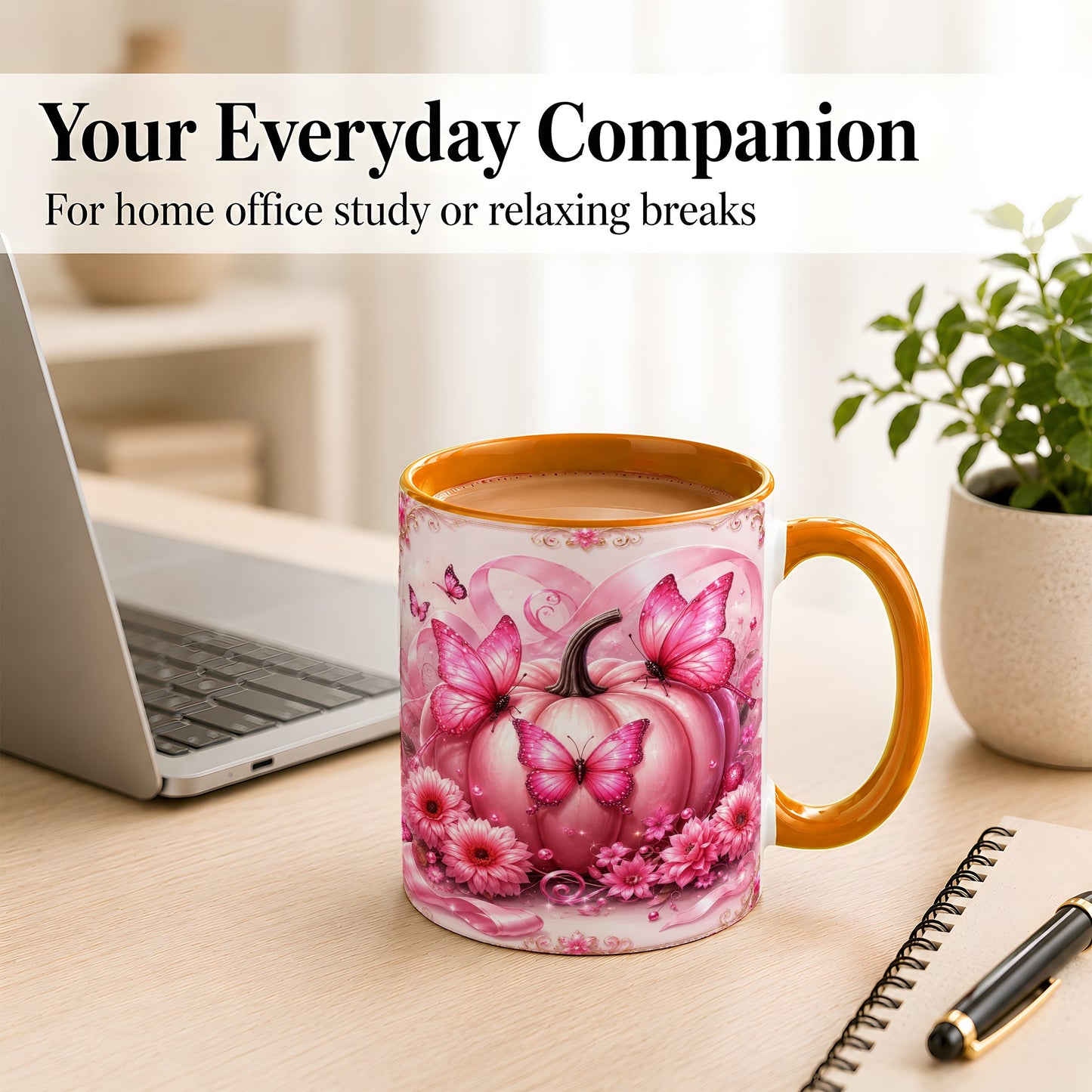 #pl[11oz|Orange] Pink Ribbon Pumpkin Coffee Mug, Butterfly Floral Mug, Ceramic Cup