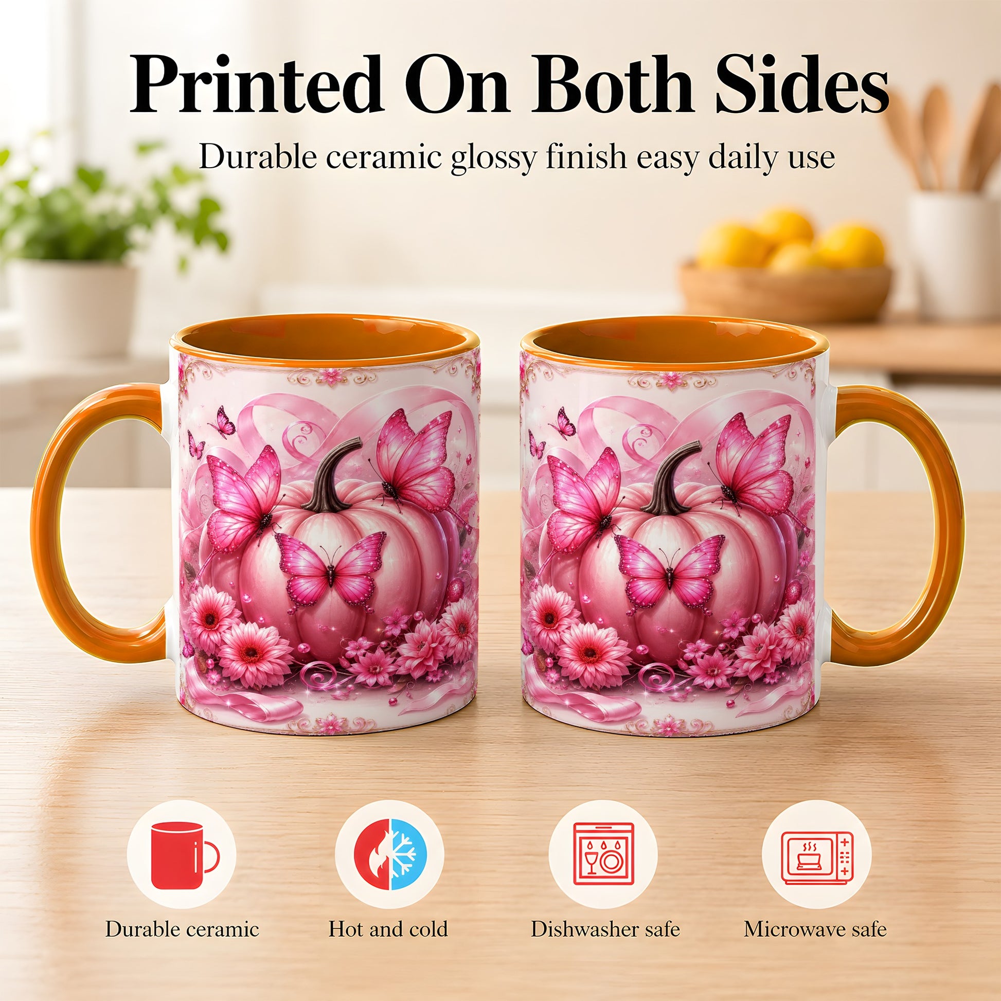 #pl[11oz|Orange] Pink Ribbon Pumpkin Coffee Mug, Butterfly Floral Mug, Ceramic Cup