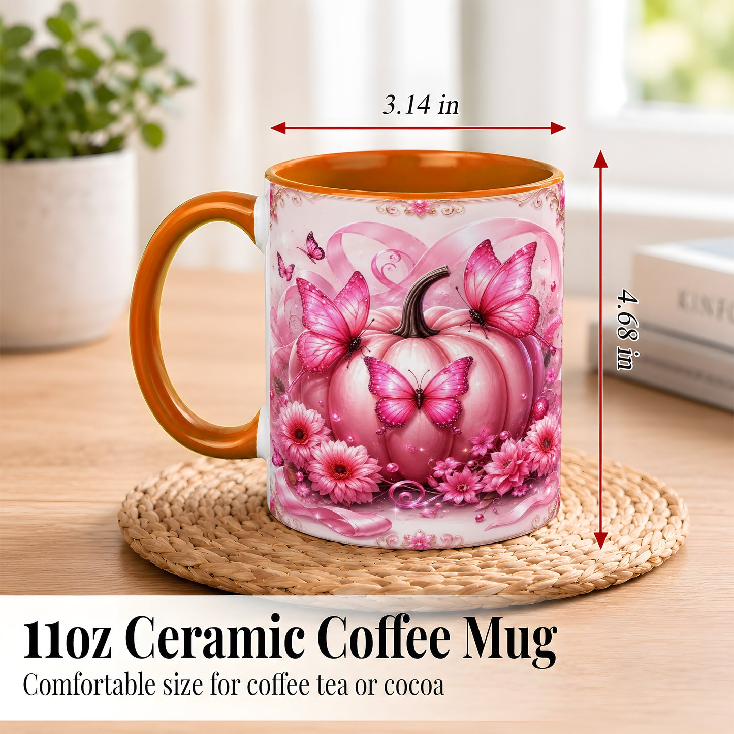 #pl[11oz|Orange] Pink Ribbon Pumpkin Coffee Mug, Butterfly Floral Mug, Ceramic Cup
