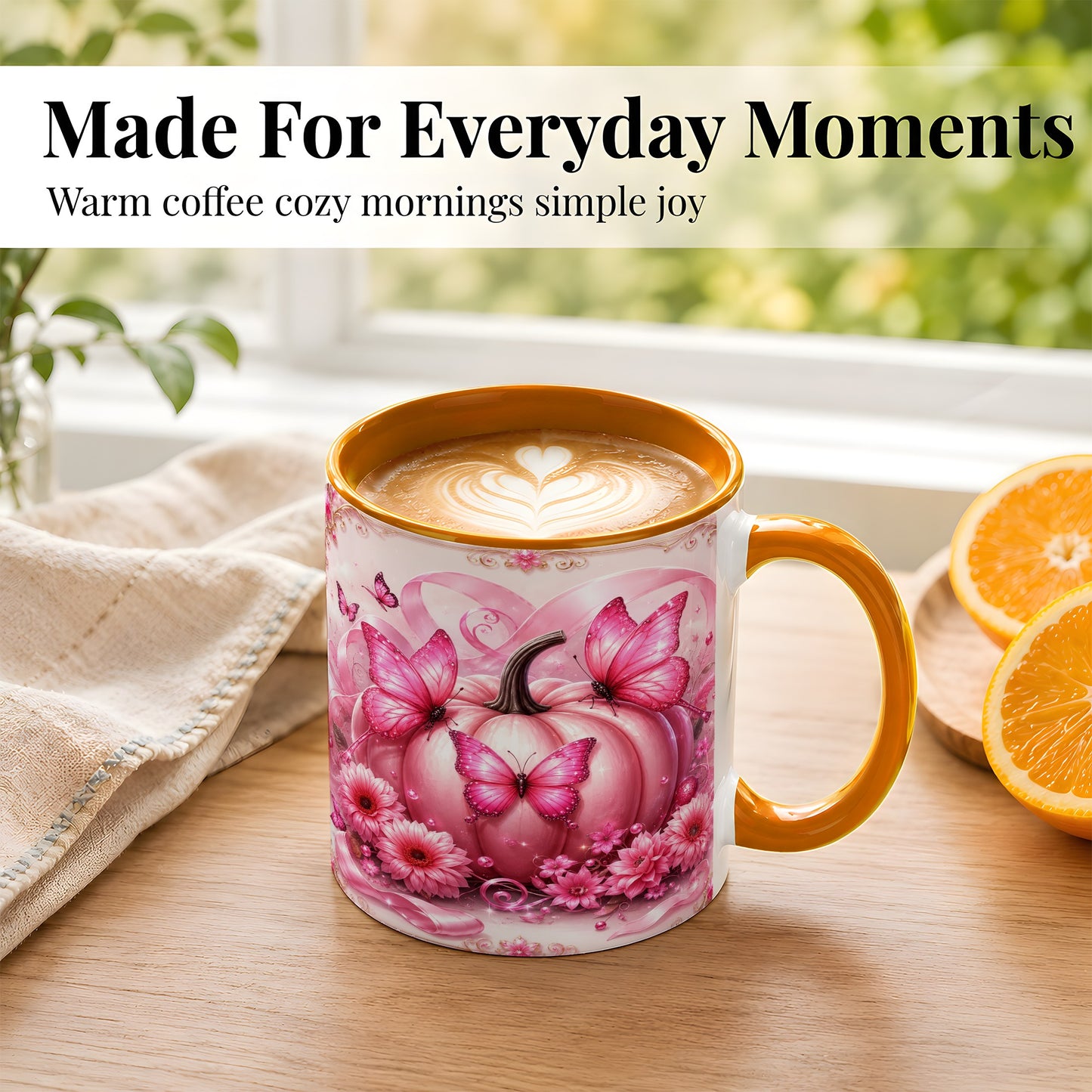 #pl[11oz|Orange] Pink Ribbon Pumpkin Coffee Mug, Butterfly Floral Mug, Ceramic Cup