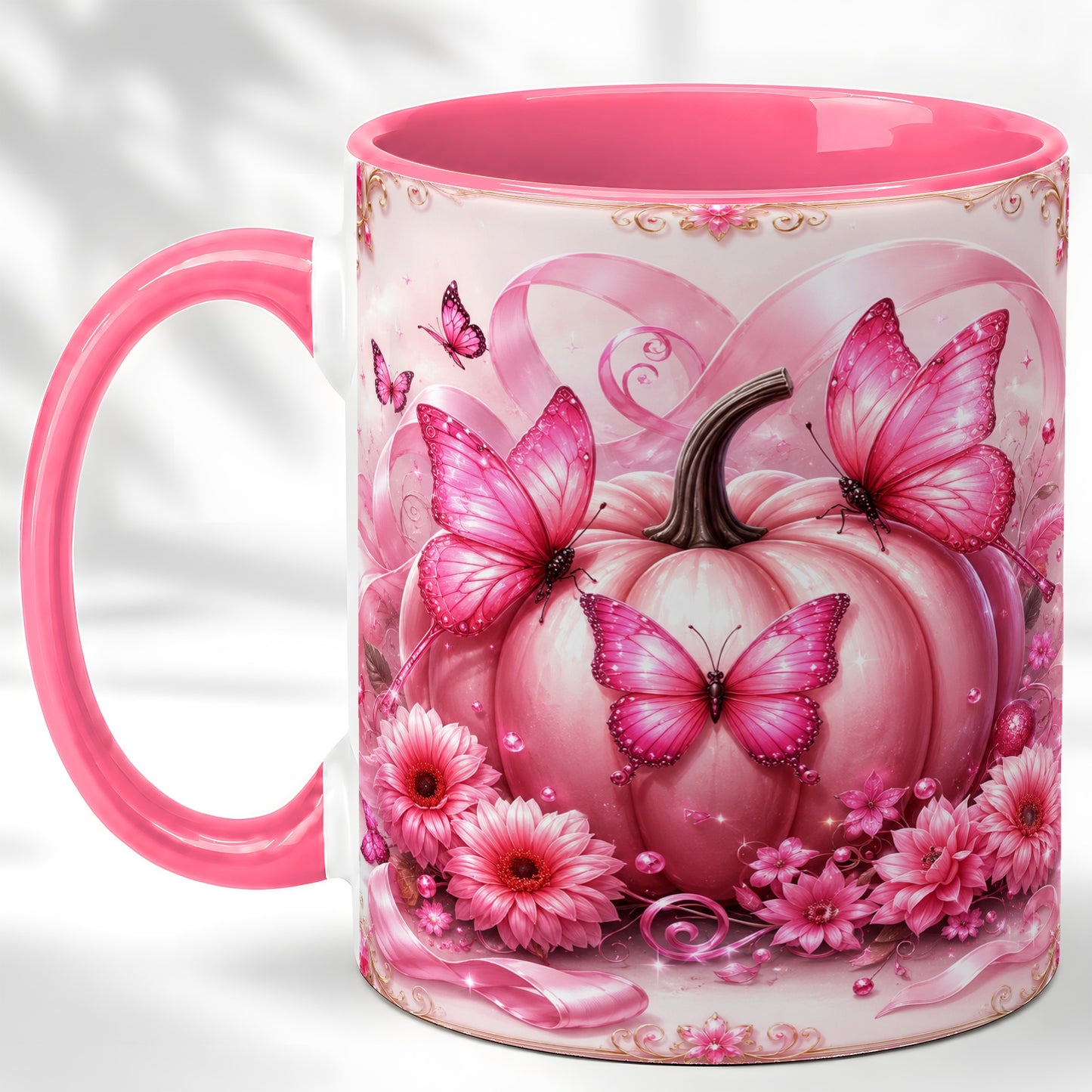 #pl[11oz|Pink] Pink Ribbon Pumpkin Coffee Mug, Butterfly Floral Mug, Ceramic Cup