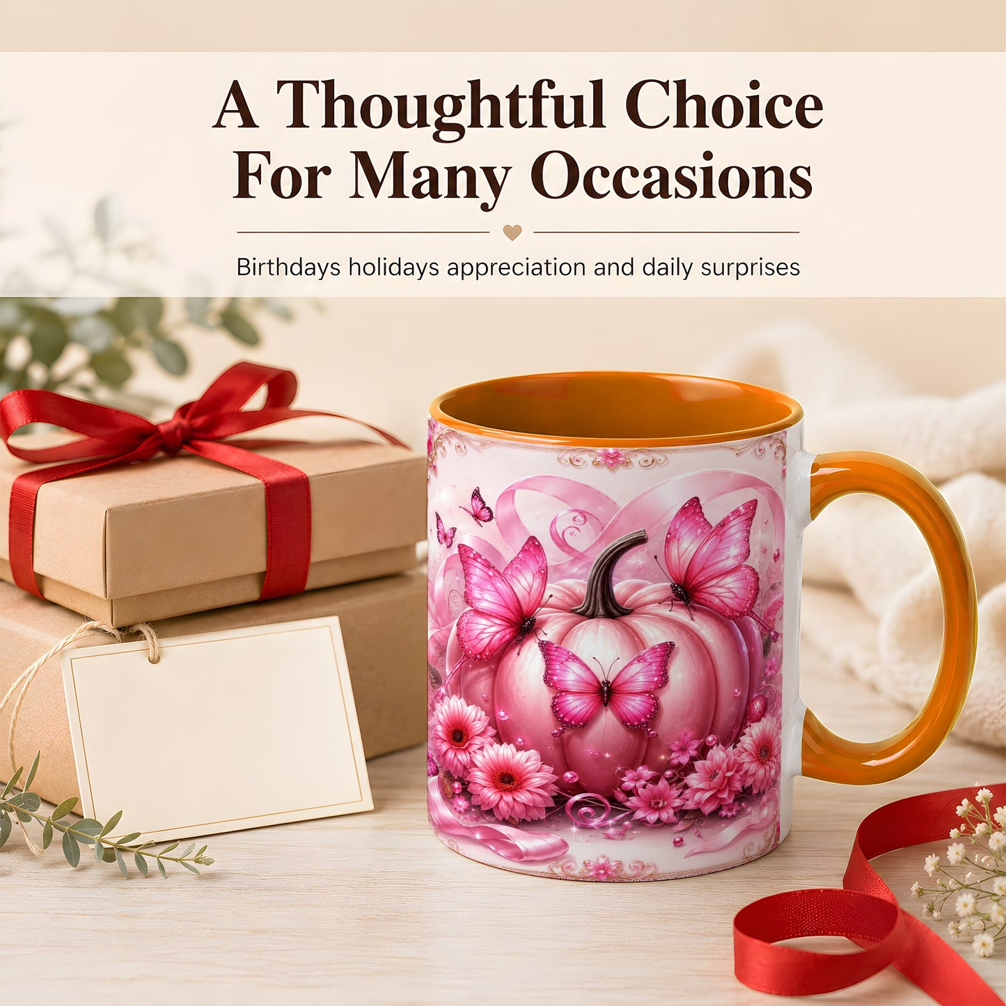 #pl[11oz|Orange] Pink Ribbon Pumpkin Coffee Mug, Butterfly Floral Mug, Ceramic Cup