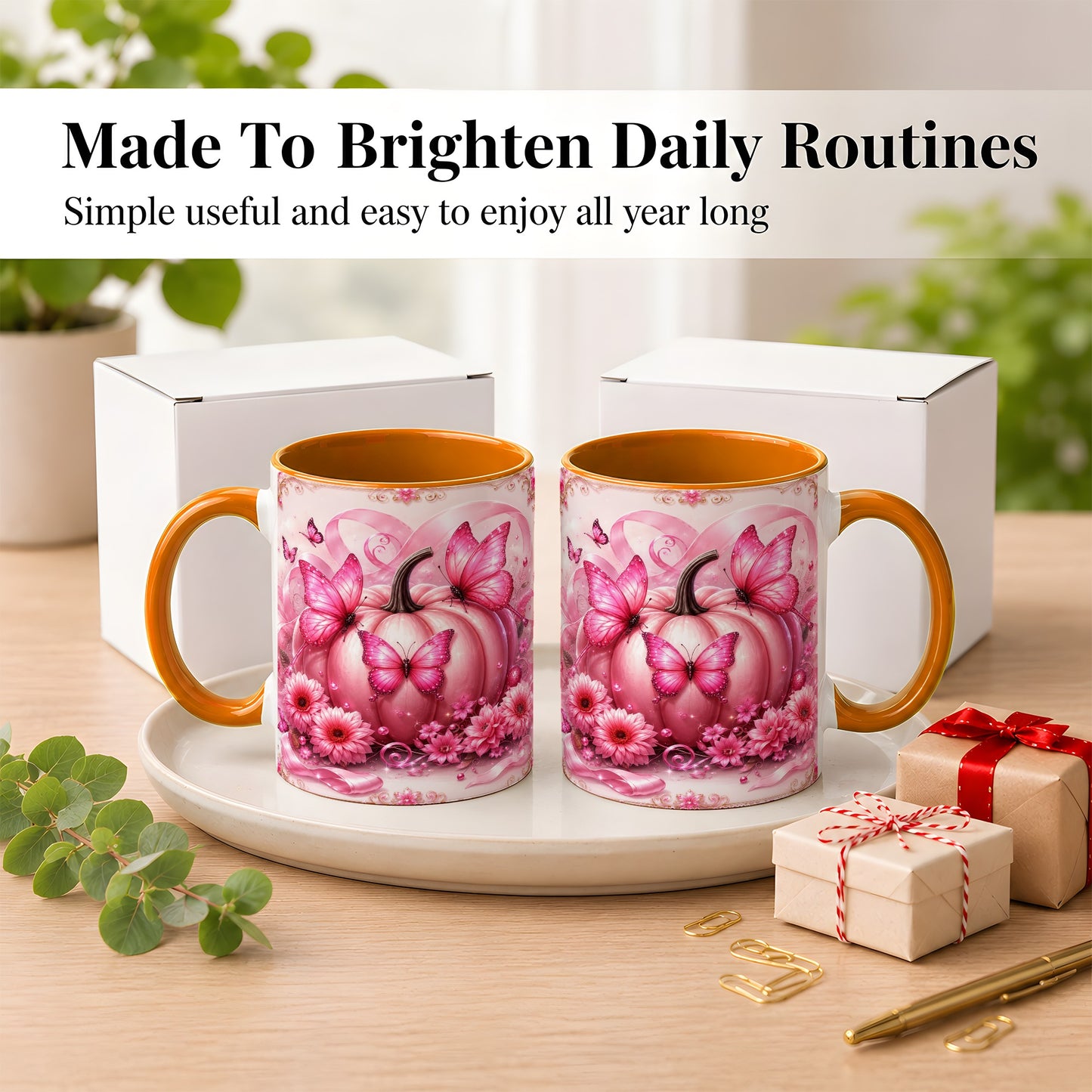 #pl[11oz|Orange] Pink Ribbon Pumpkin Coffee Mug, Butterfly Floral Mug, Ceramic Cup