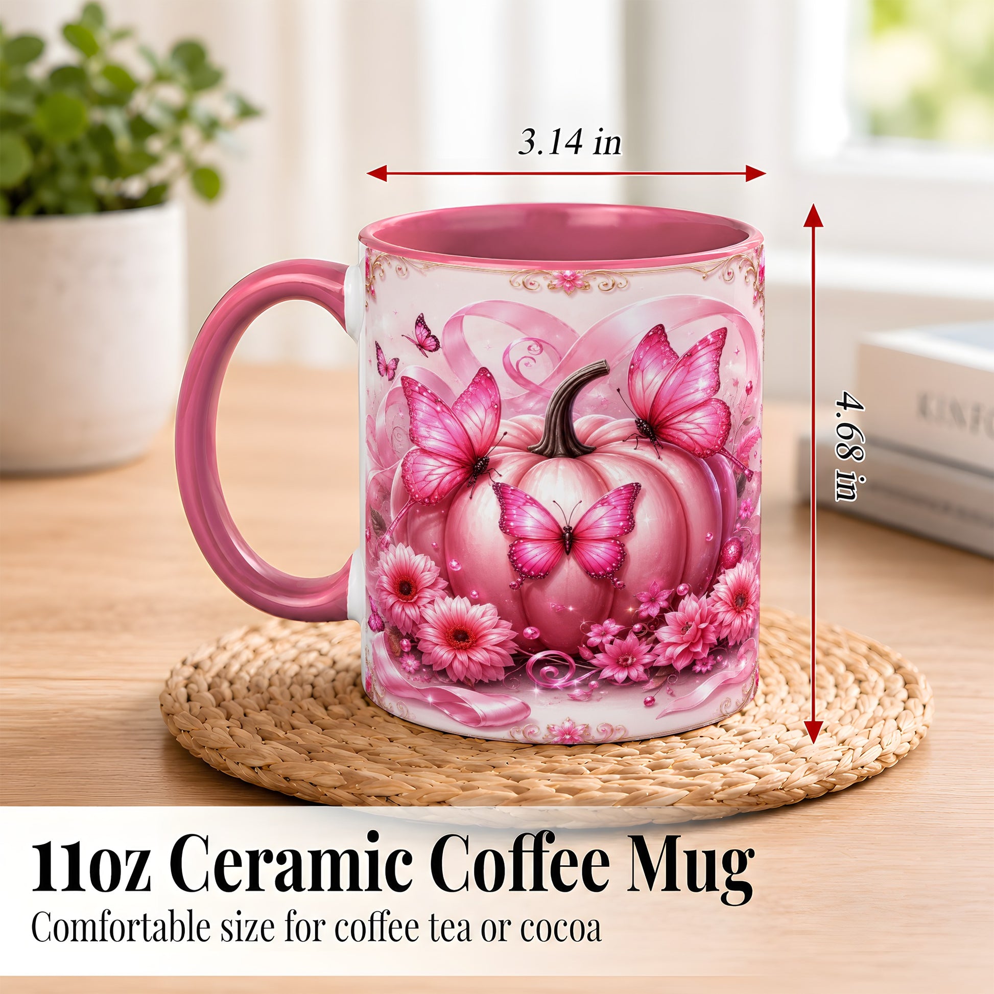 #pl[11oz|Pink] Pink Ribbon Pumpkin Coffee Mug, Butterfly Floral Mug, Ceramic Cup