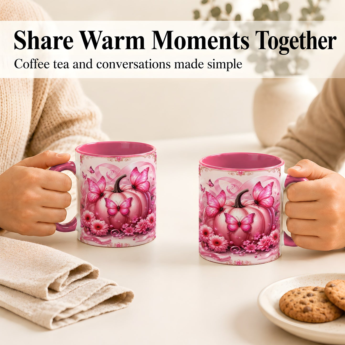 #pl[11oz|Pink] Pink Ribbon Pumpkin Coffee Mug, Butterfly Floral Mug, Ceramic Cup