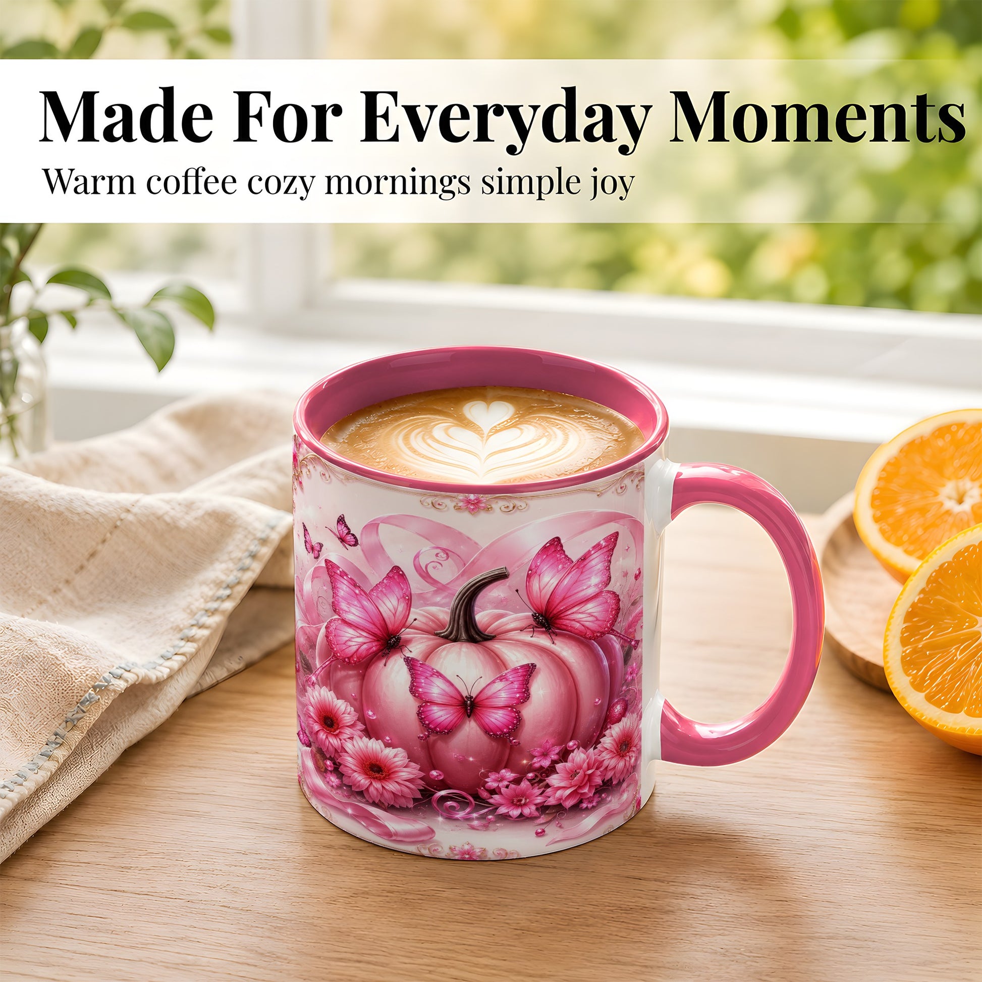 #pl[11oz|Pink] Pink Ribbon Pumpkin Coffee Mug, Butterfly Floral Mug, Ceramic Cup