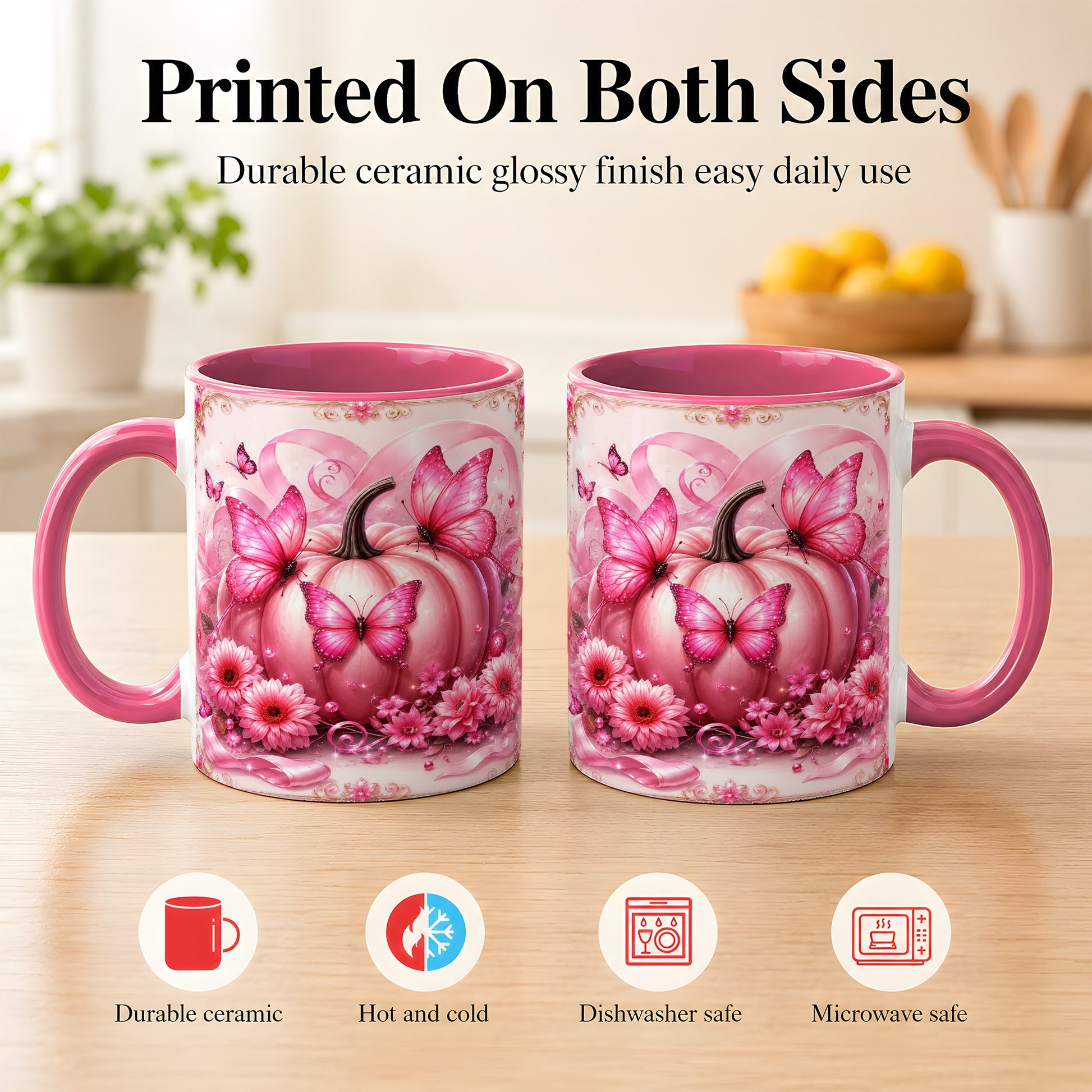 #pl[11oz|Pink] Pink Ribbon Pumpkin Coffee Mug, Butterfly Floral Mug, Ceramic Cup