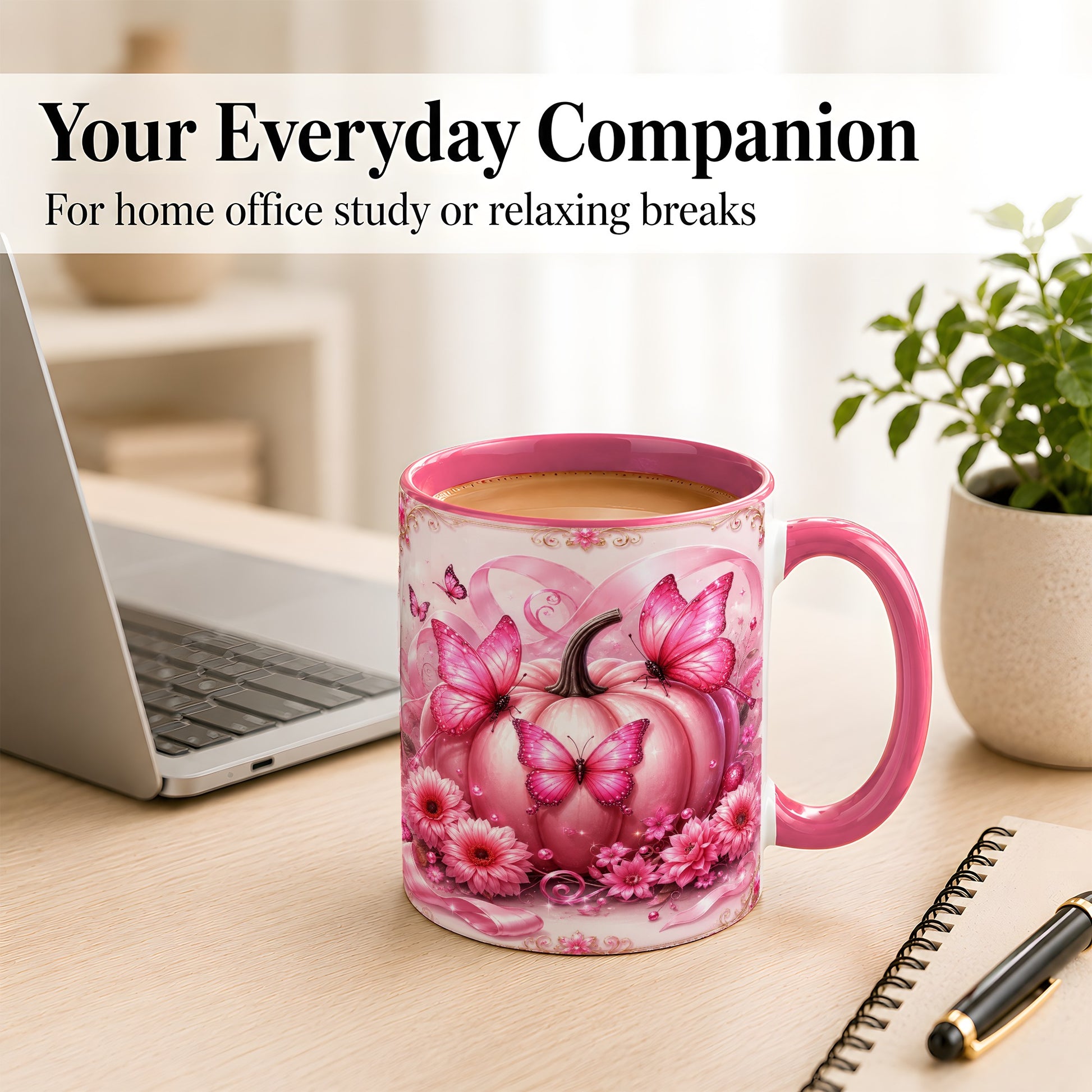 #pl[11oz|Pink] Pink Ribbon Pumpkin Coffee Mug, Butterfly Floral Mug, Ceramic Cup