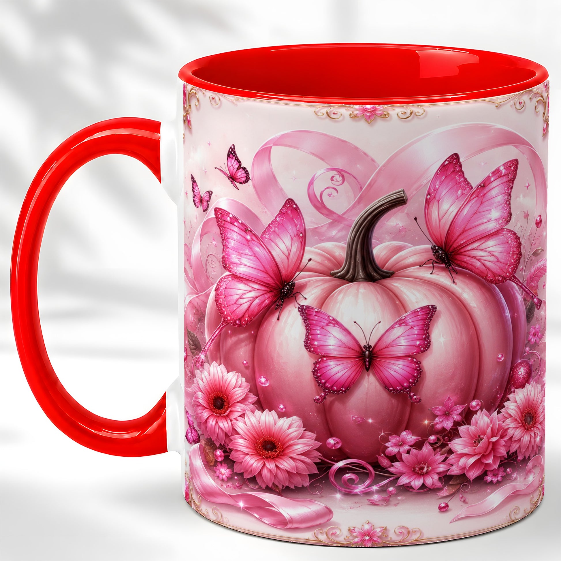 #pl[11oz|Red] Pink Ribbon Pumpkin Coffee Mug, Butterfly Floral Mug, Ceramic Cup
