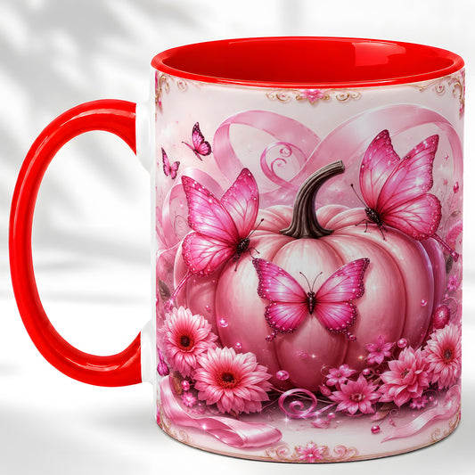 #pl[11oz|Red] Pink Ribbon Pumpkin Coffee Mug, Butterfly Floral Mug, Ceramic Cup