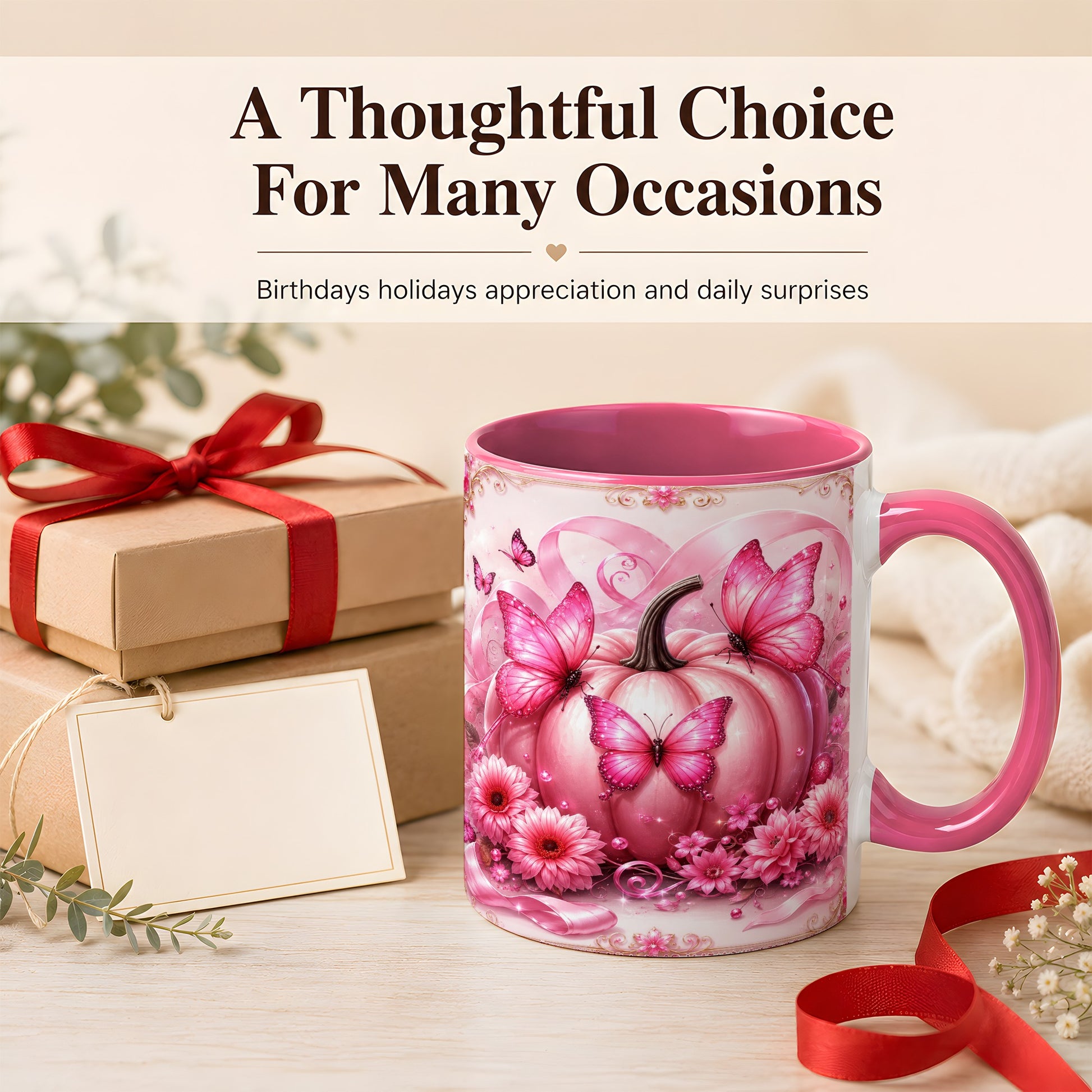 #pl[11oz|Pink] Pink Ribbon Pumpkin Coffee Mug, Butterfly Floral Mug, Ceramic Cup