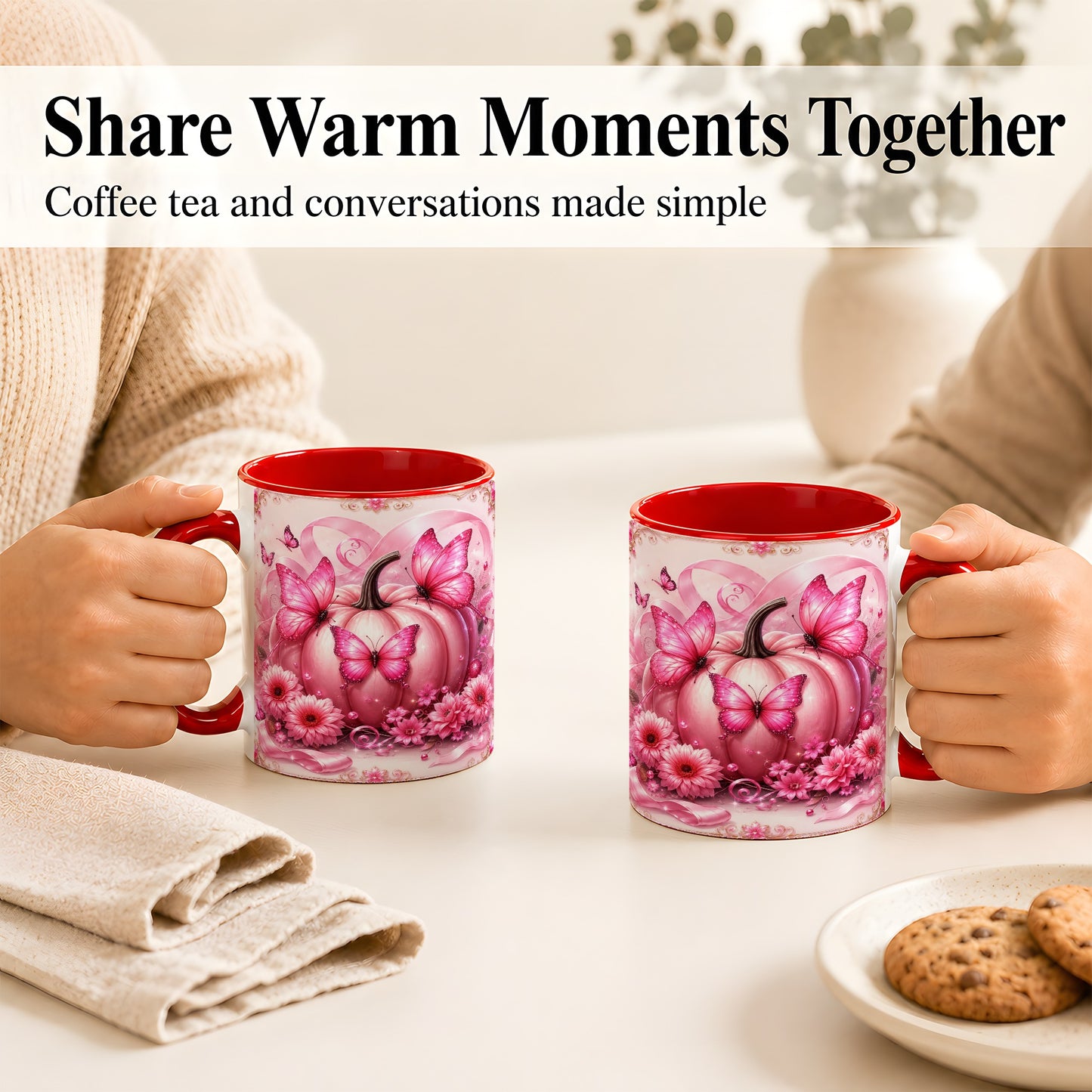 #pl[11oz|Red] Pink Ribbon Pumpkin Coffee Mug, Butterfly Floral Mug, Ceramic Cup
