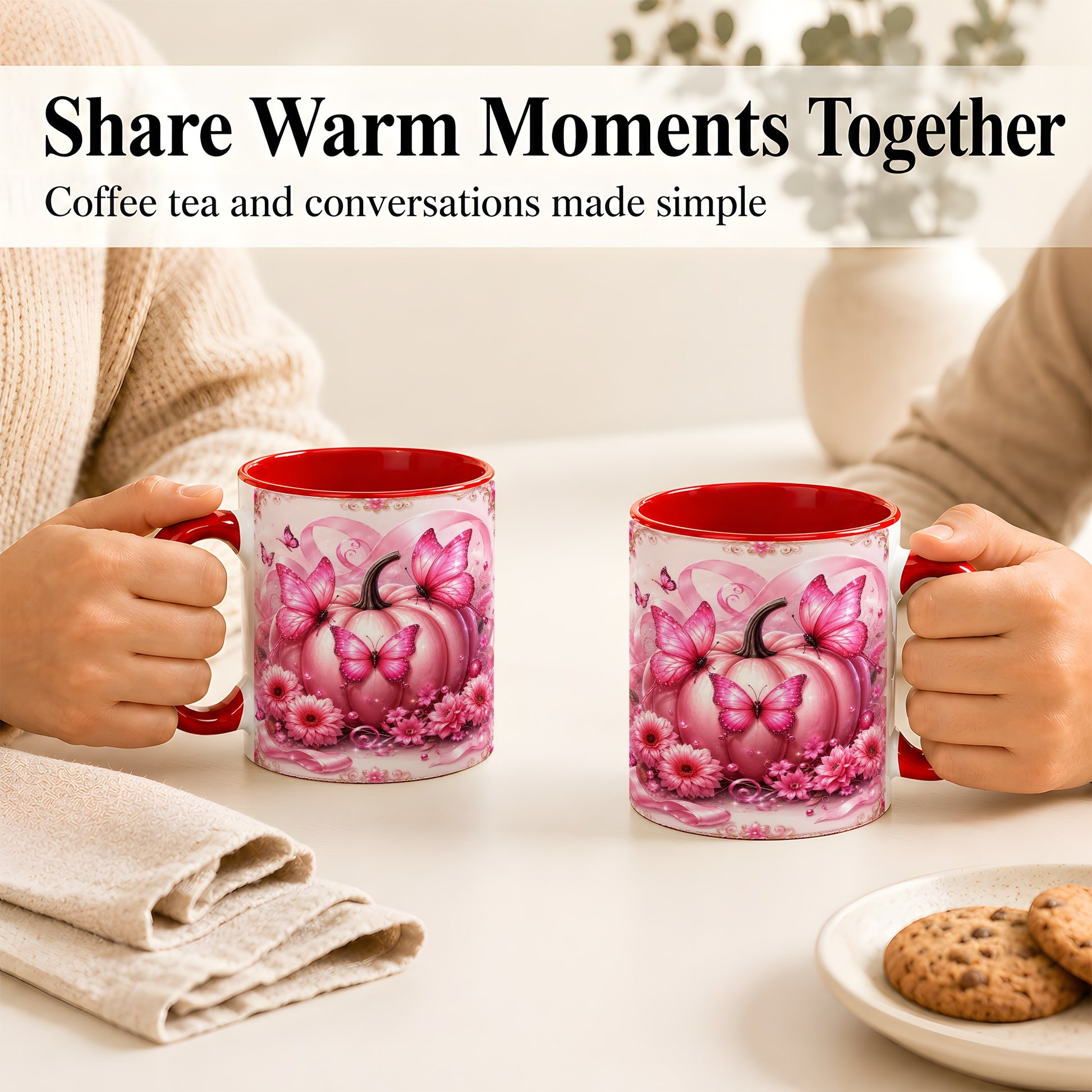 #pl[11oz|Red] Pink Ribbon Pumpkin Coffee Mug, Butterfly Floral Mug, Ceramic Cup