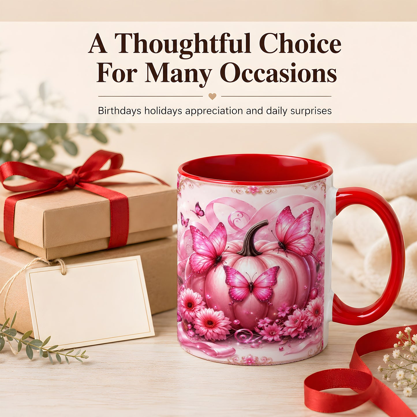 #pl[11oz|Red] Pink Ribbon Pumpkin Coffee Mug, Butterfly Floral Mug, Ceramic Cup