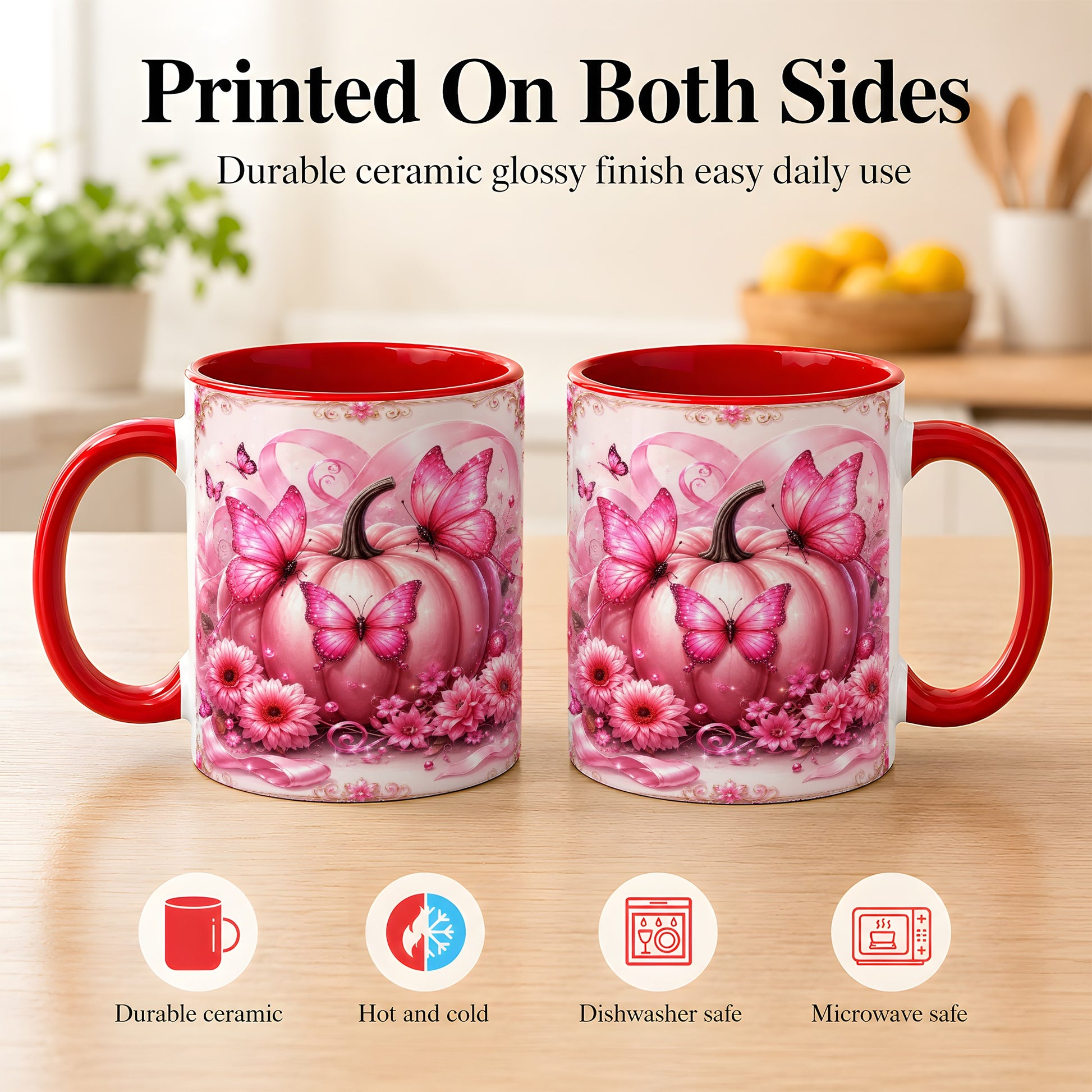 #pl[11oz|Red] Pink Ribbon Pumpkin Coffee Mug, Butterfly Floral Mug, Ceramic Cup
